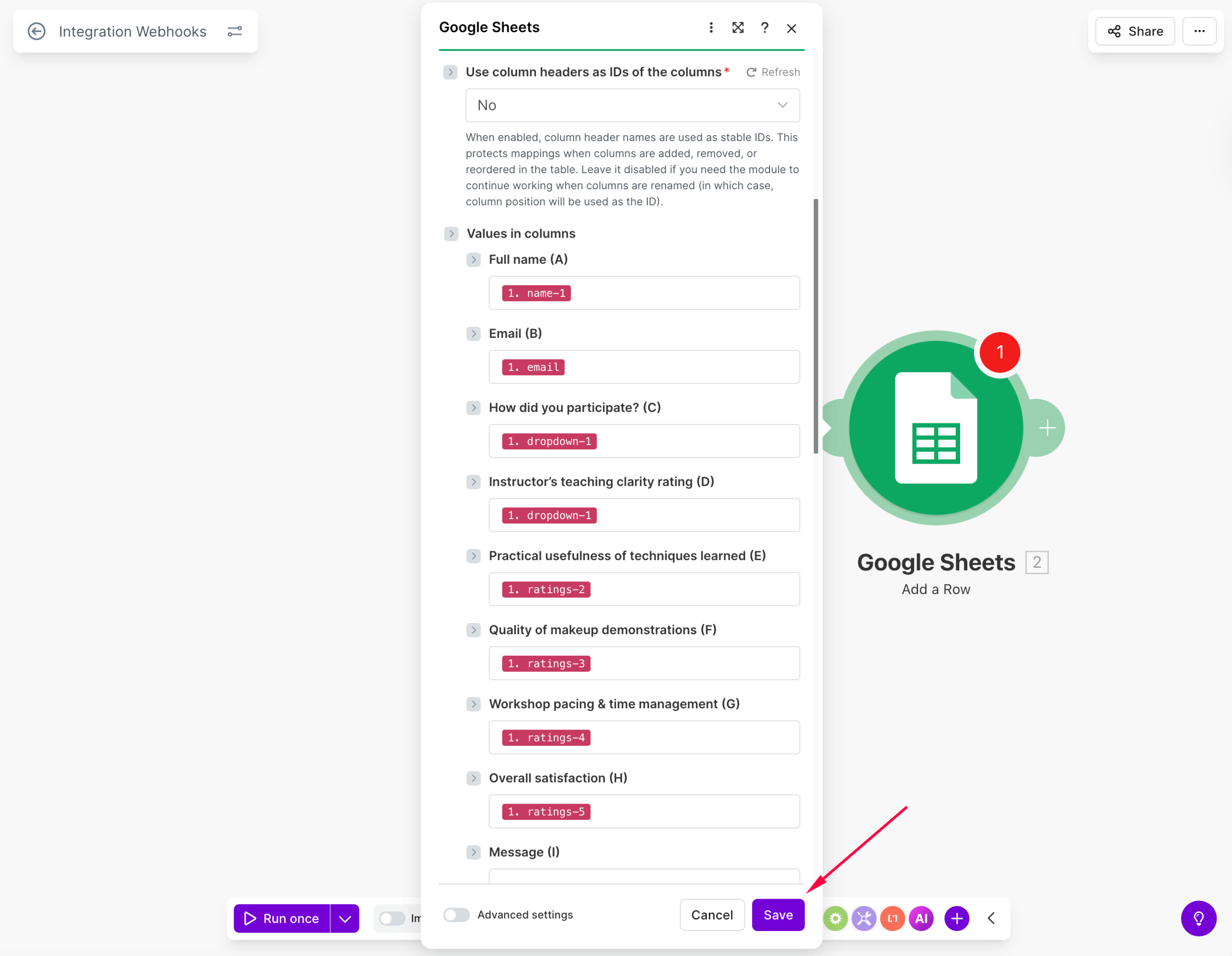Save Google Sheets field mapping