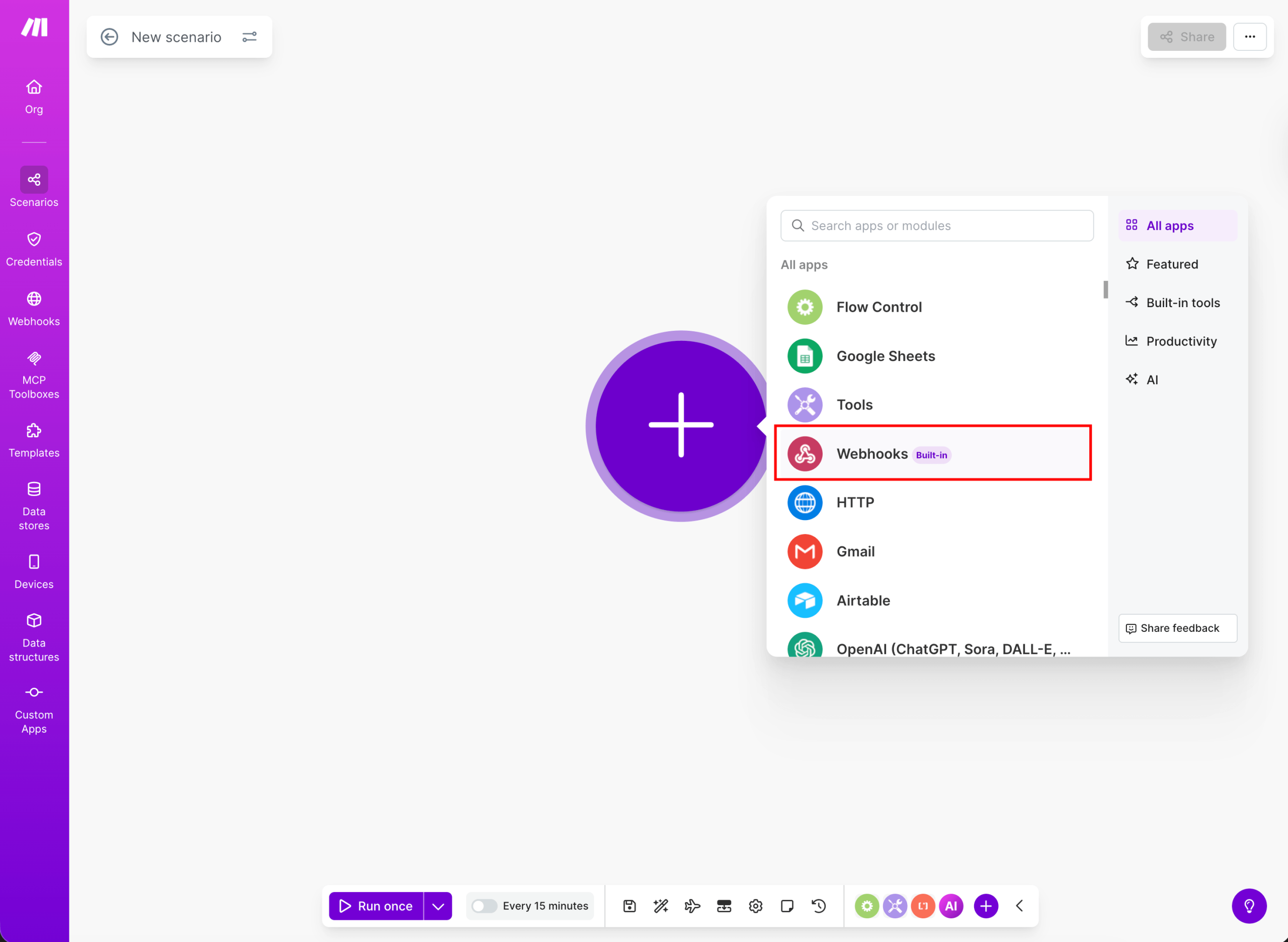 Add Webhooks module in Make