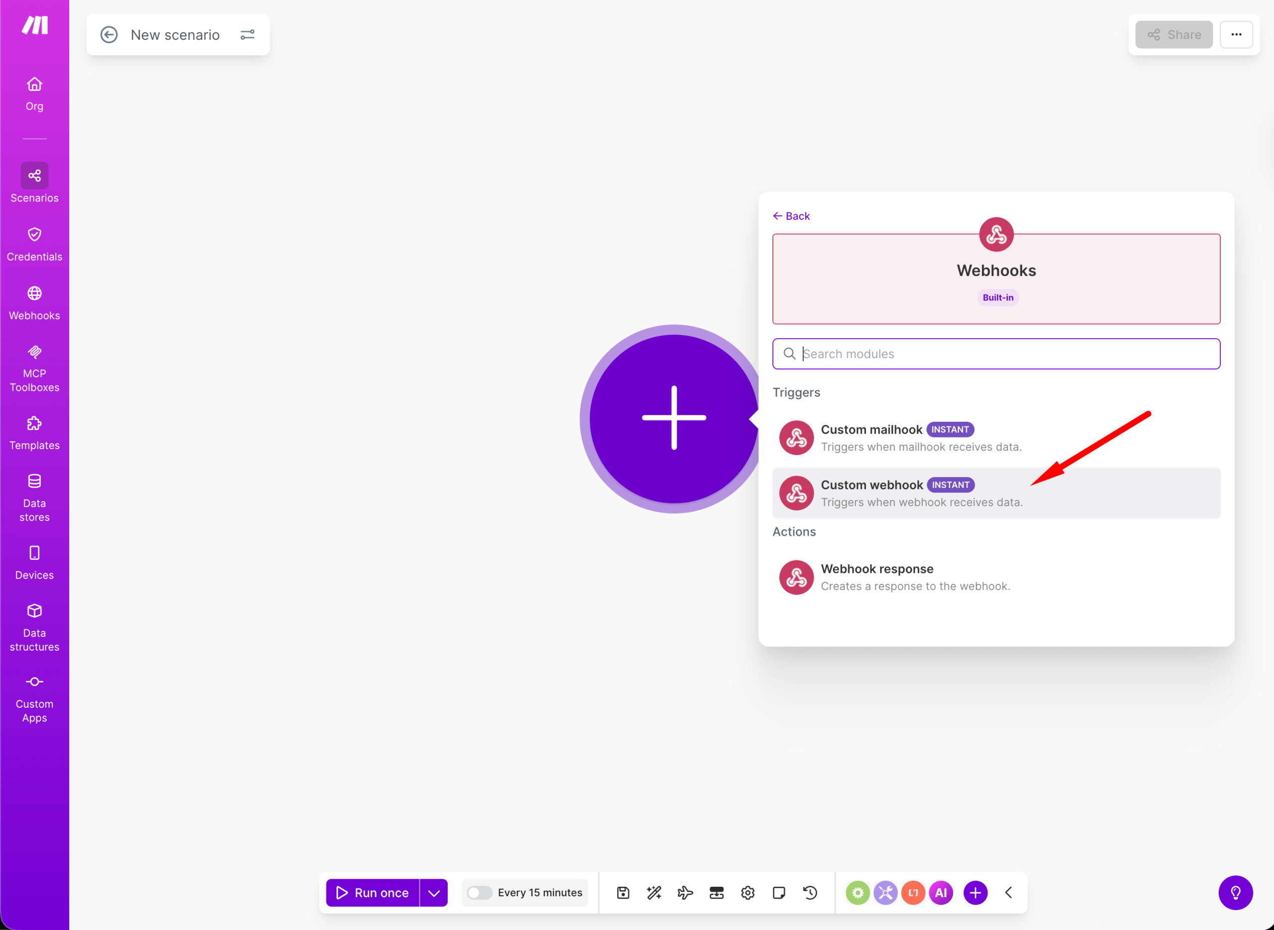 Choose Custom webhook trigger in Make