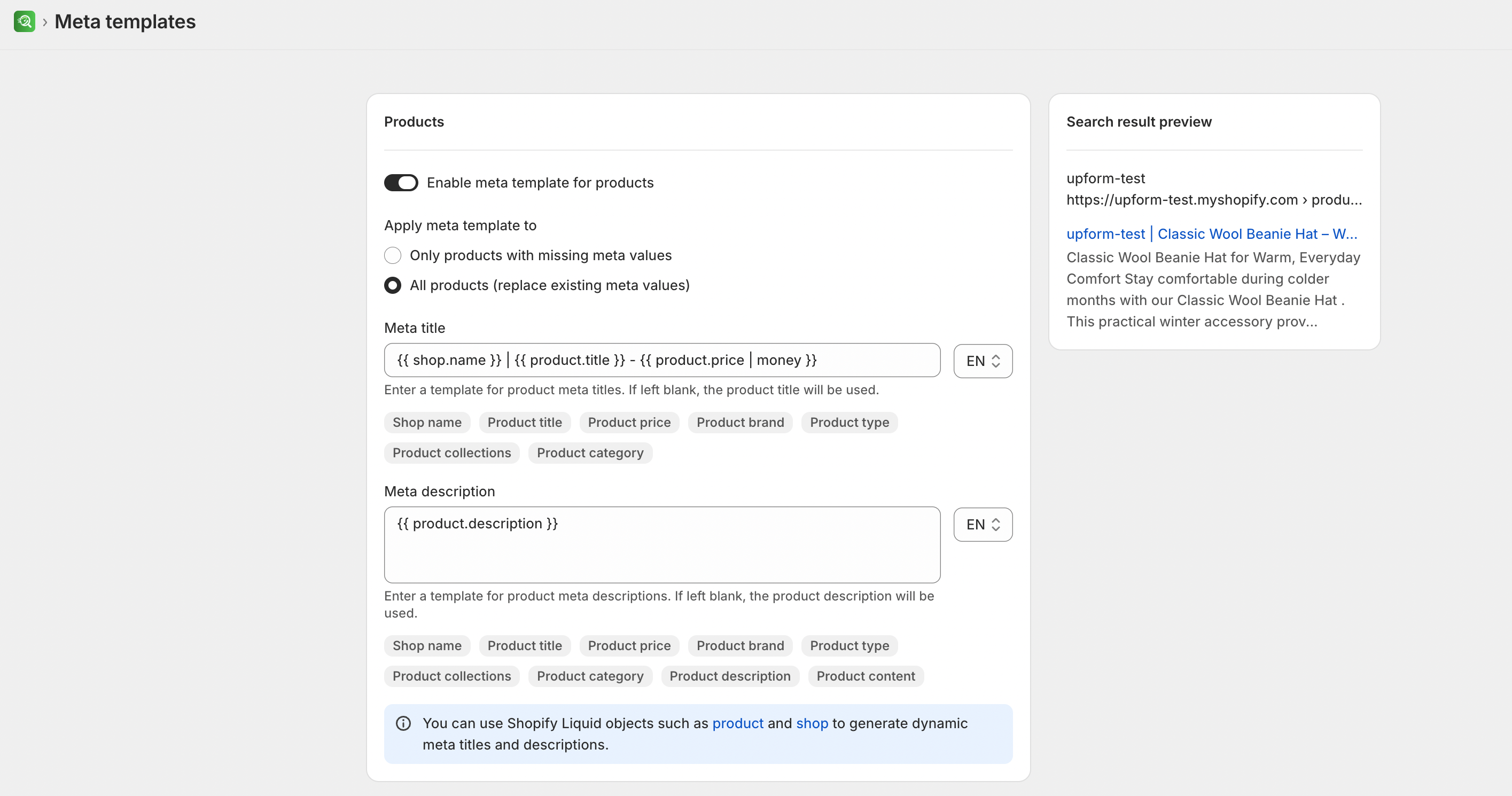 Meta templates Products tab with template fields and scope options