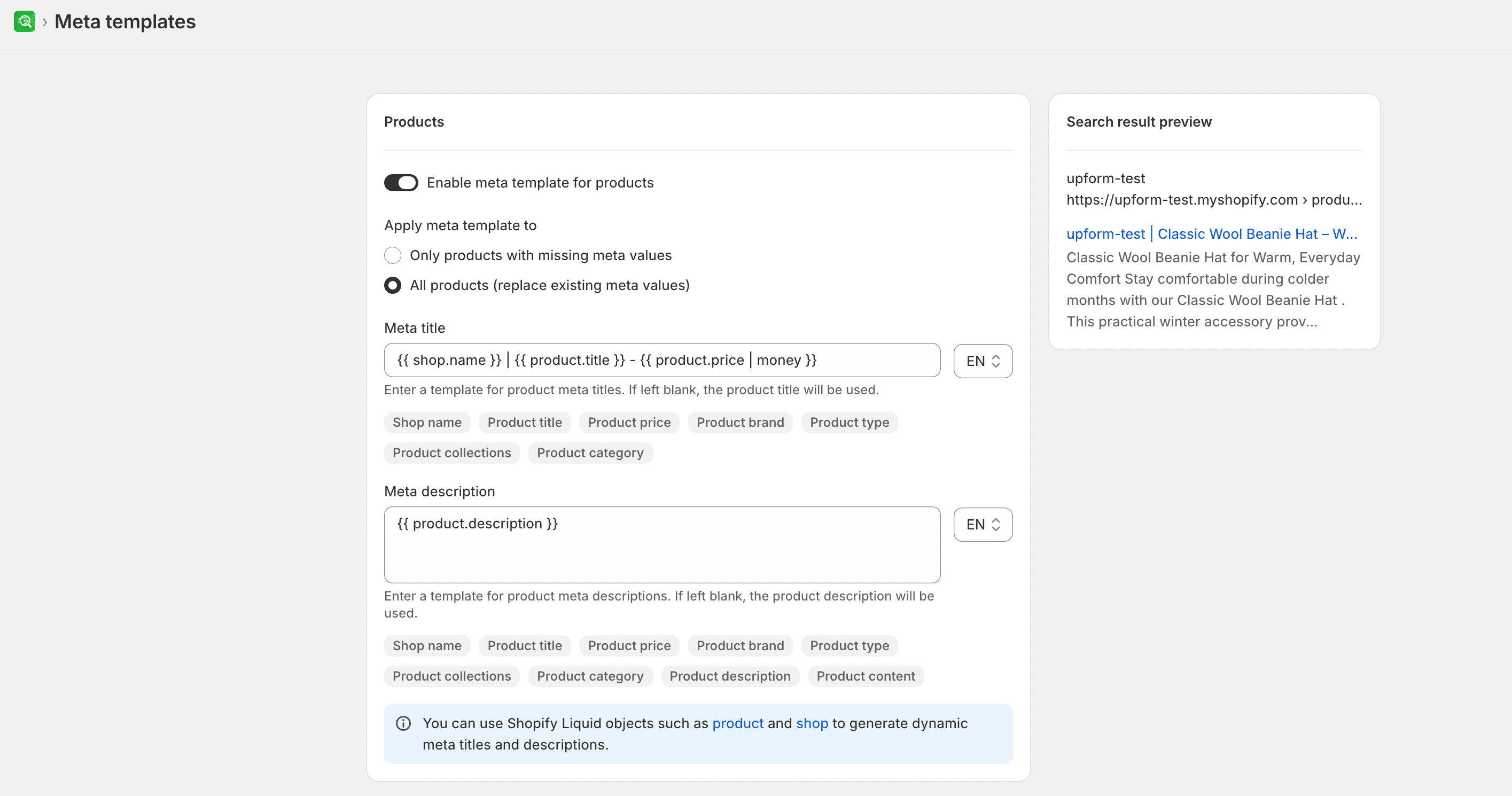Meta templates Products tab with template fields and scope options
