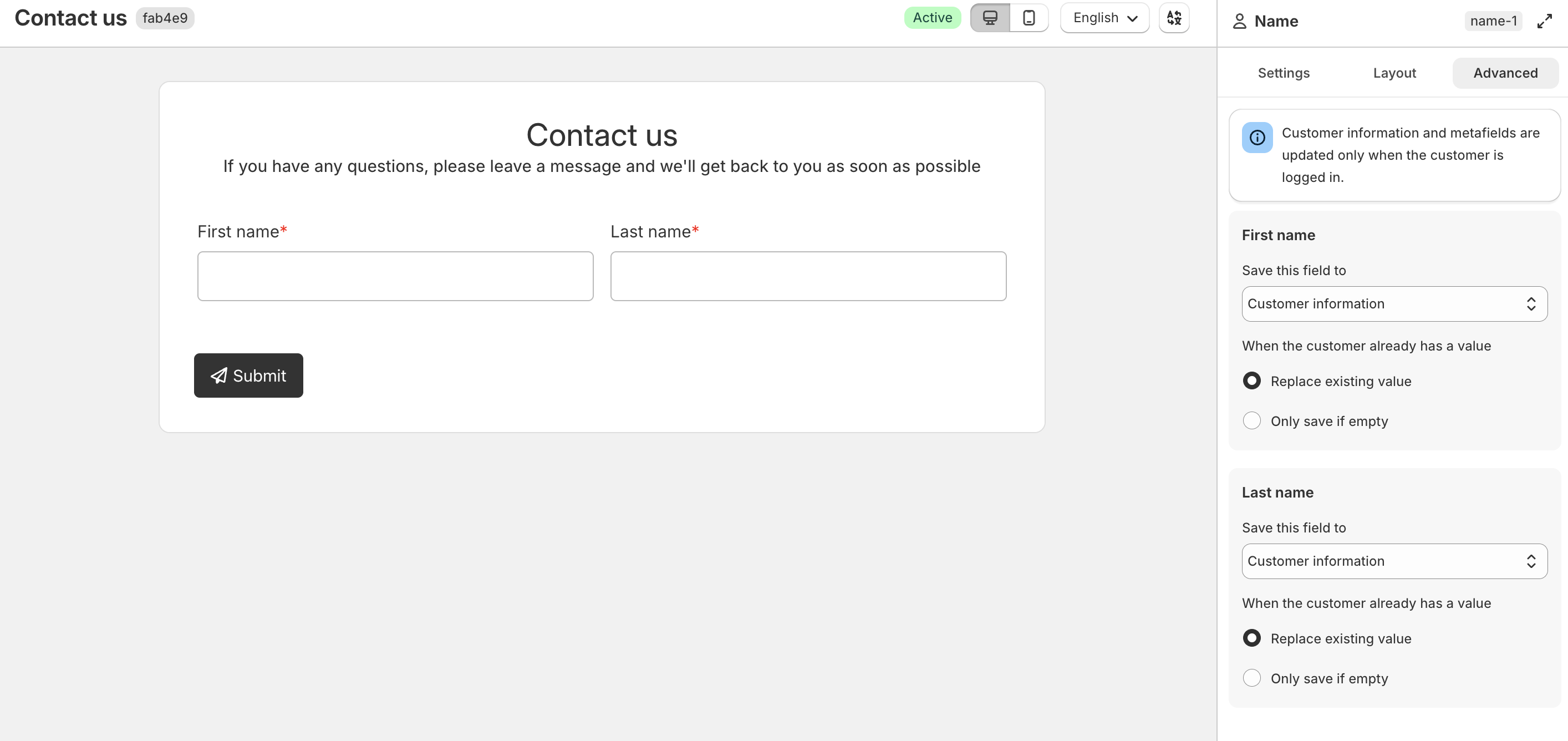 Name field Advanced tab with save settings for each name part
