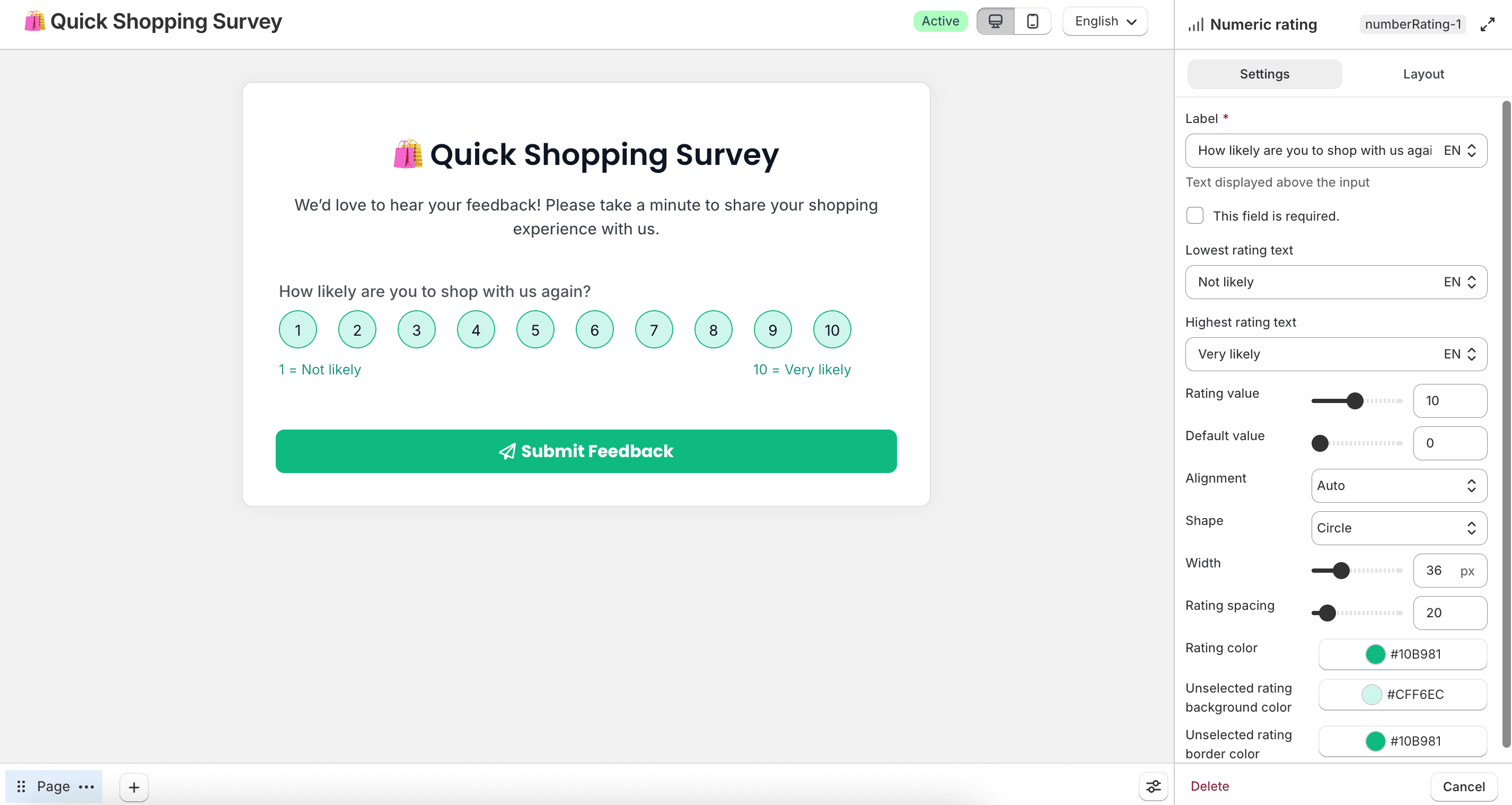 Numeric rating field settings