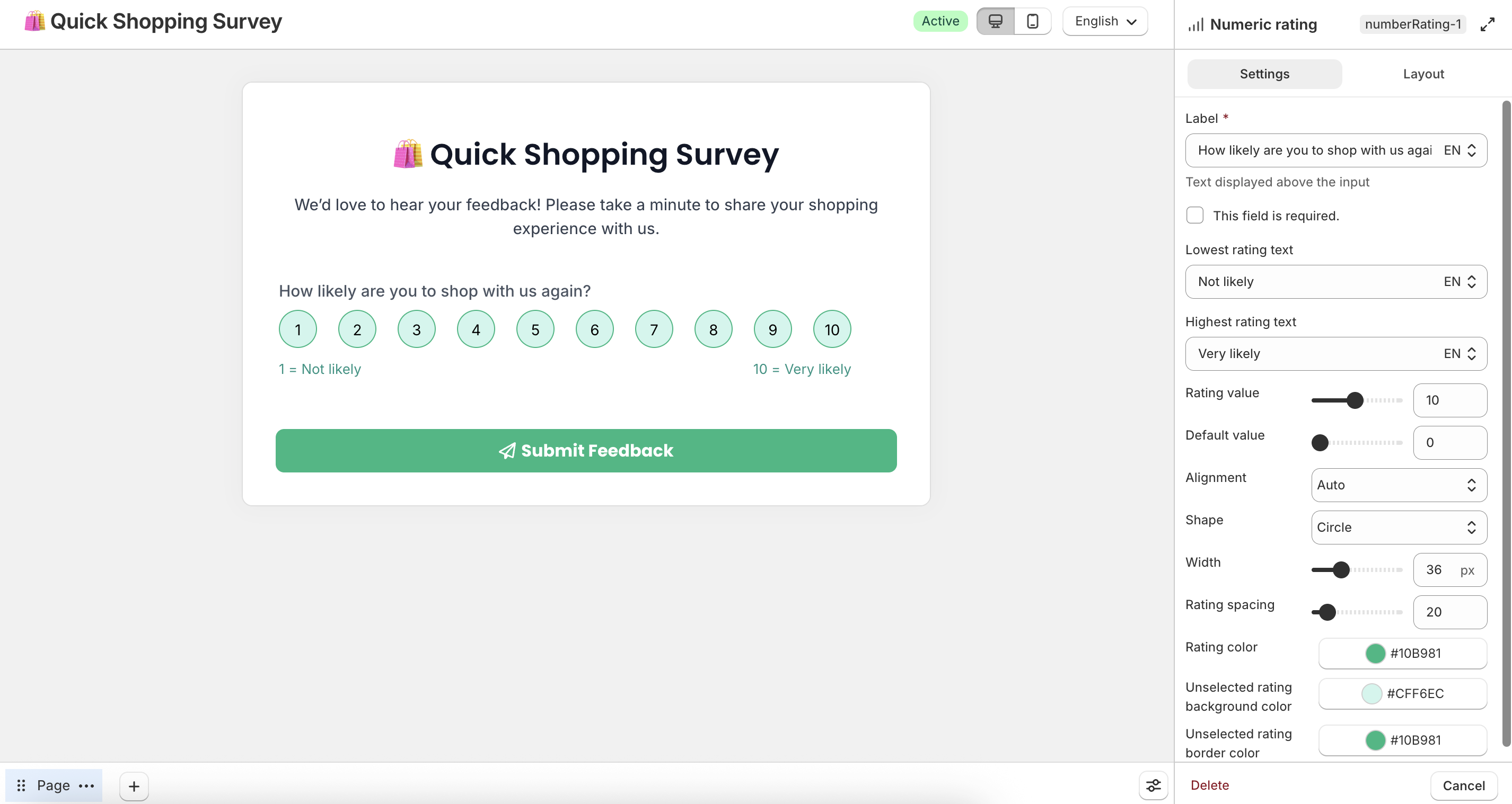 Numeric rating field settings
