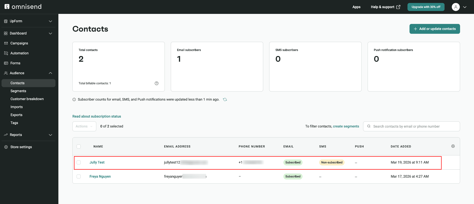 Omnisend contacts list after test sync