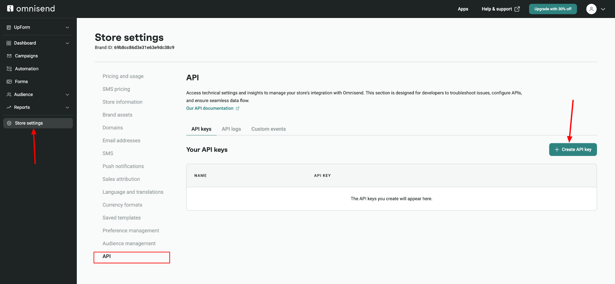 Omnisend Store Settings API page