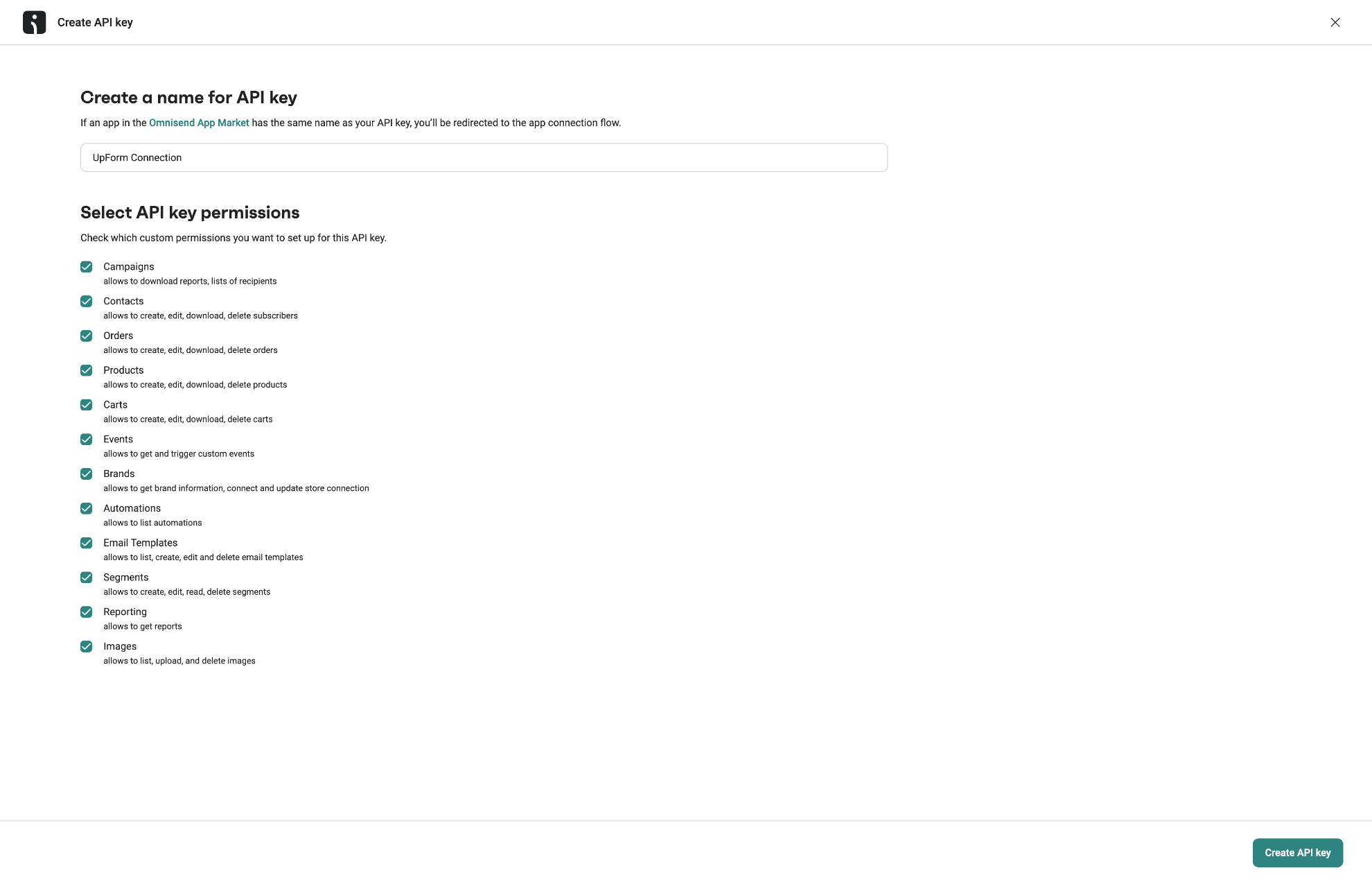 Create Omnisend API key with Contacts permission