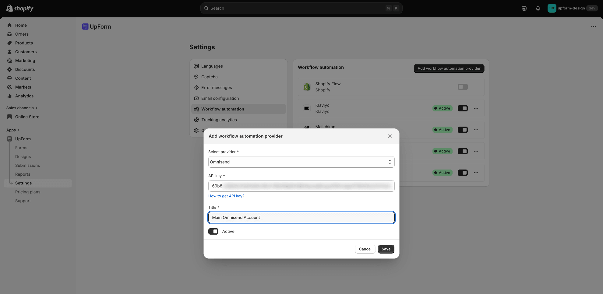 Paste Omnisend API key in UpForm