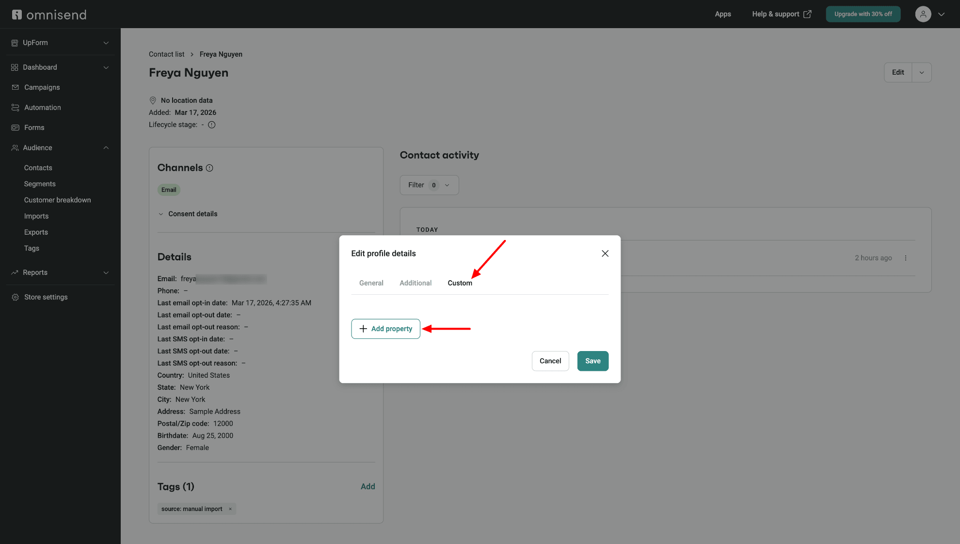 Add Omnisend custom property