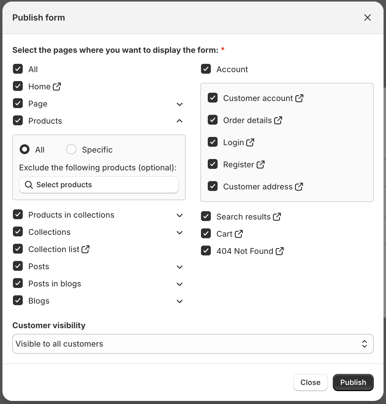 Page location All or Specific options
