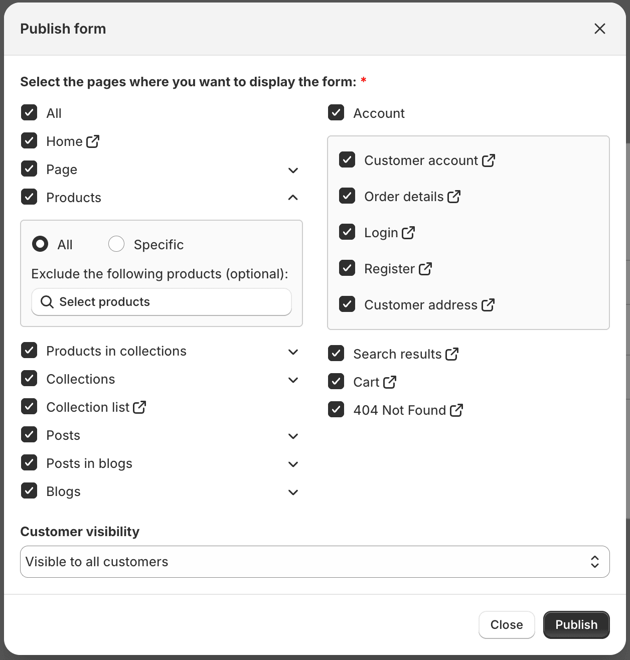 Page location All or Specific options