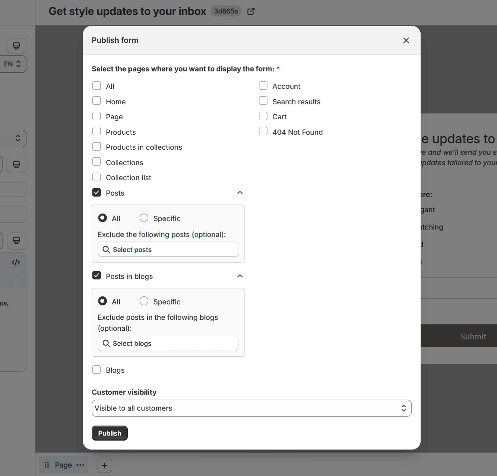 Page location All or Specific options