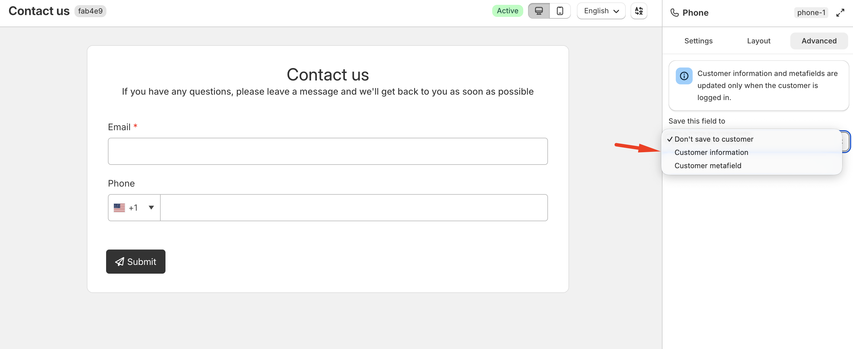 Phone field Advanced tab with Customer information and metafield options