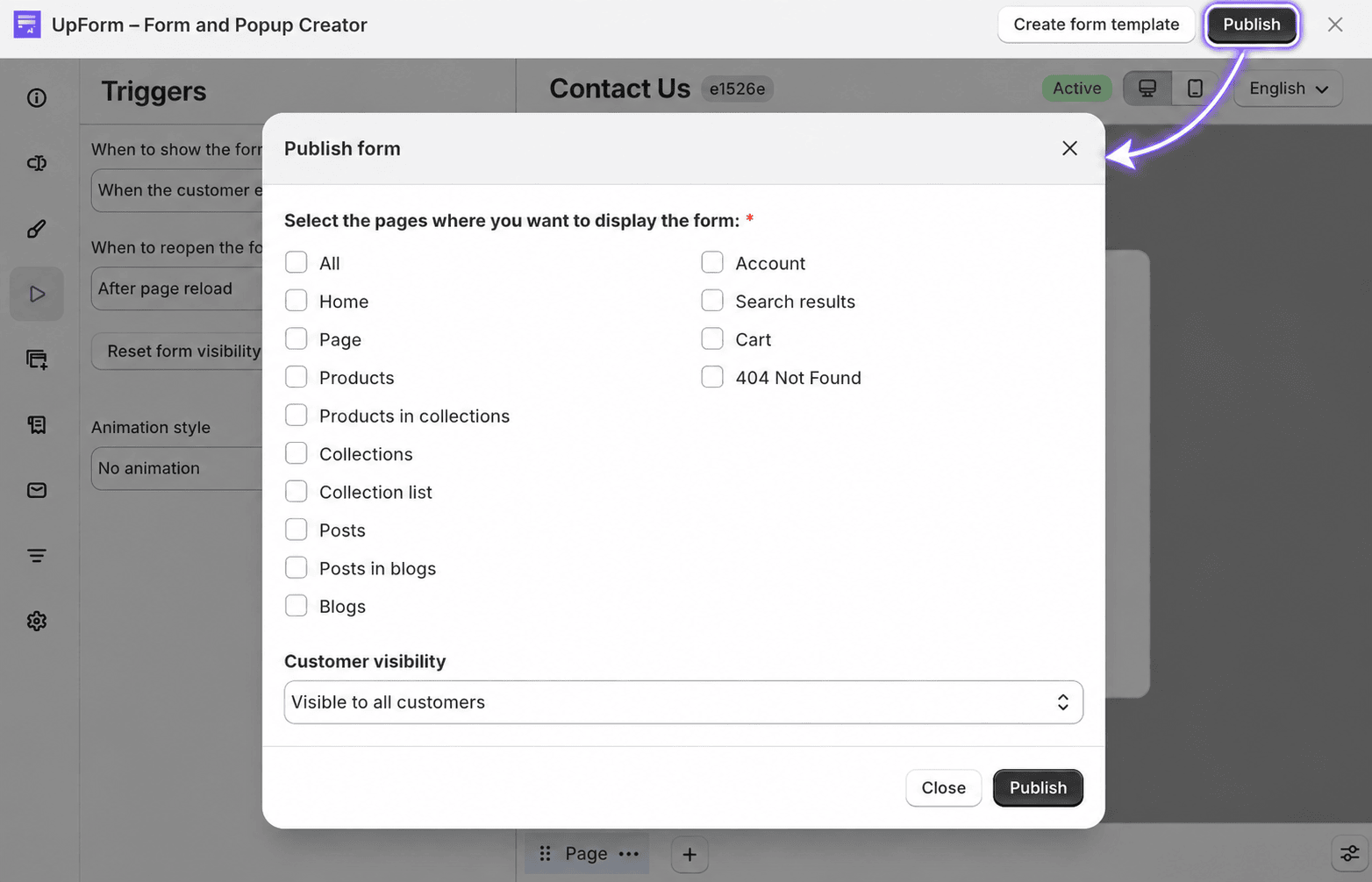Popup form publish locations and visibility