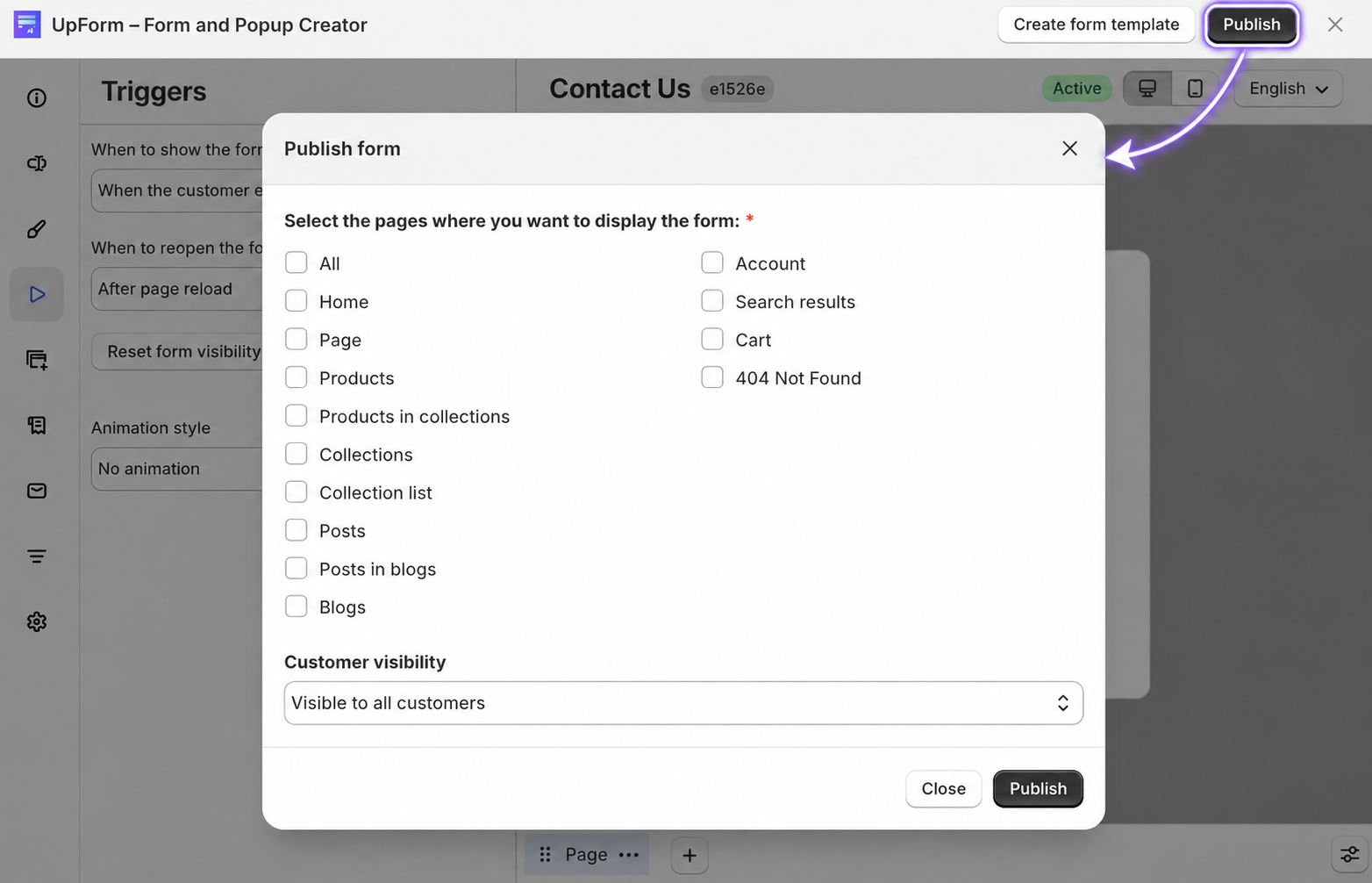 Popup form publish locations and visibility