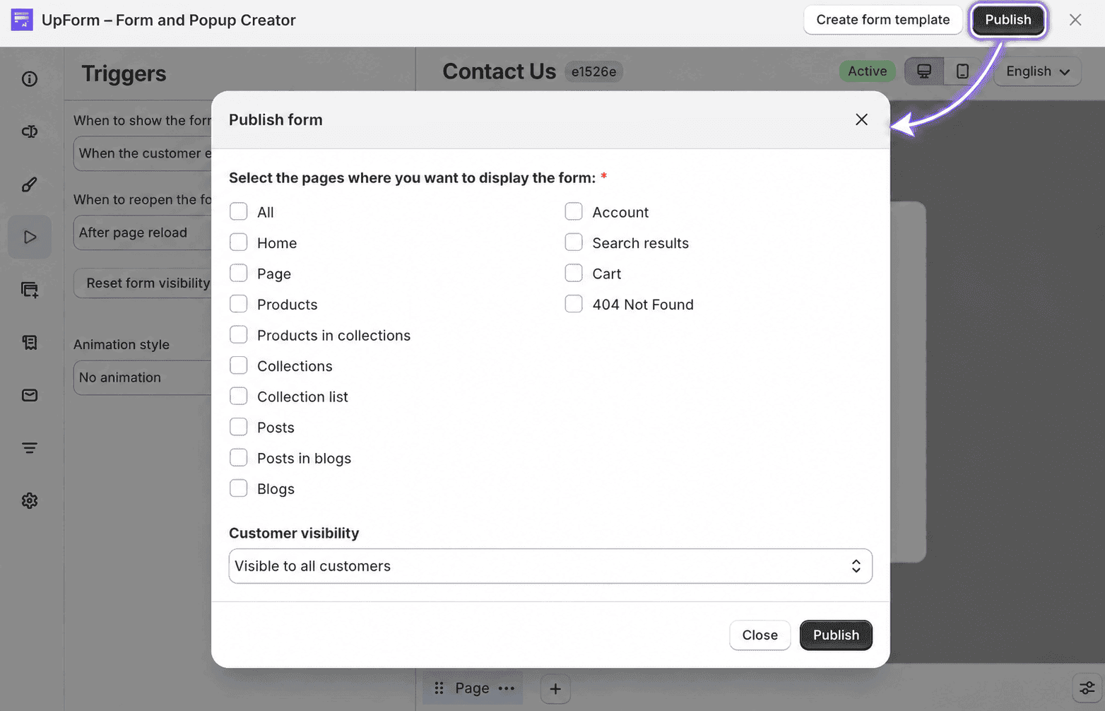 Popup form publish locations
