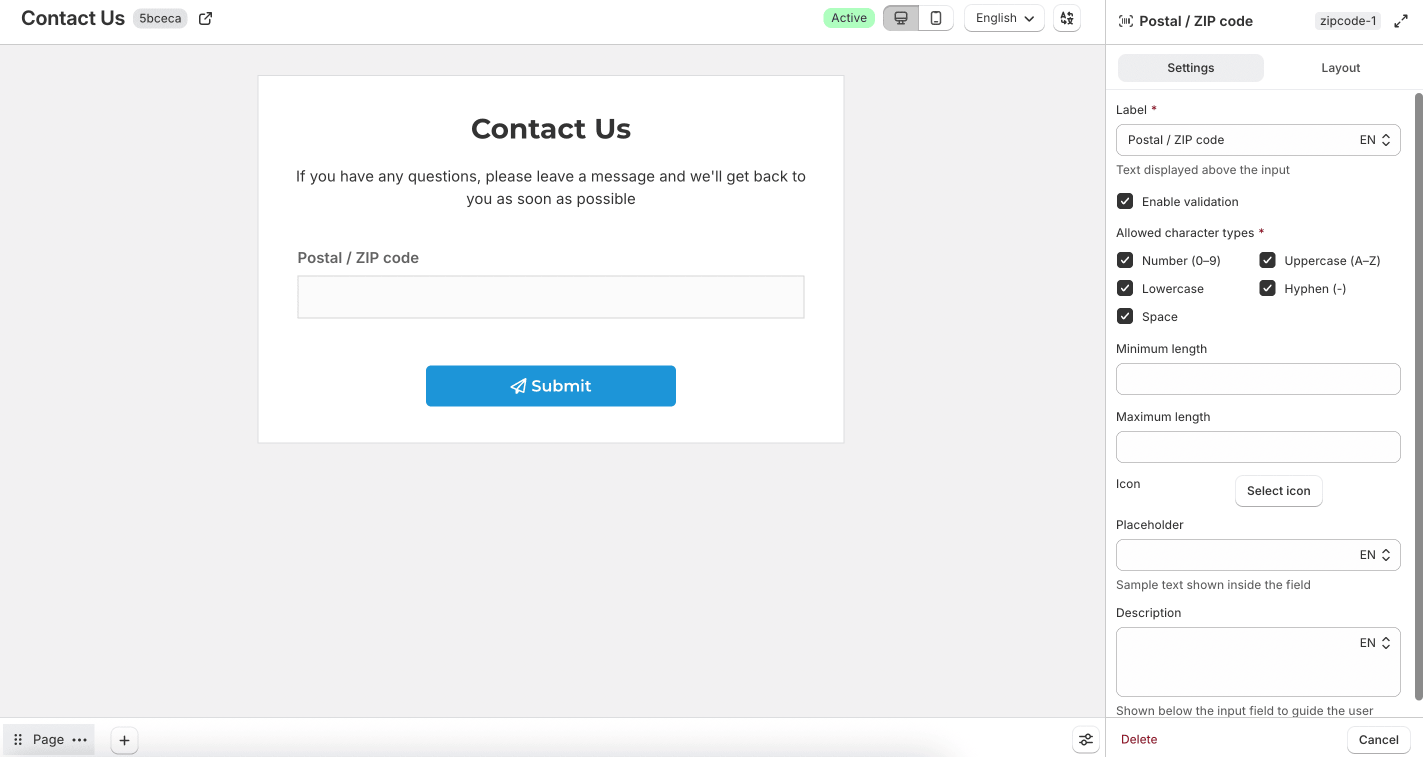 Postal or ZIP code field settings