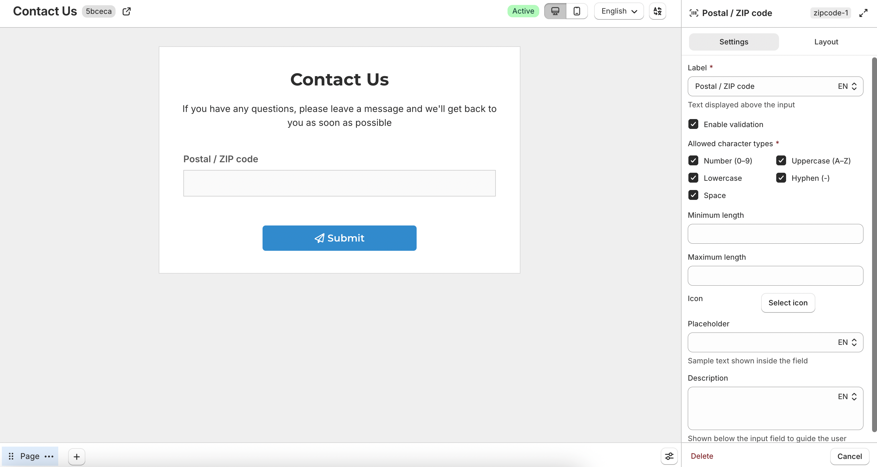 Postal or ZIP code field settings