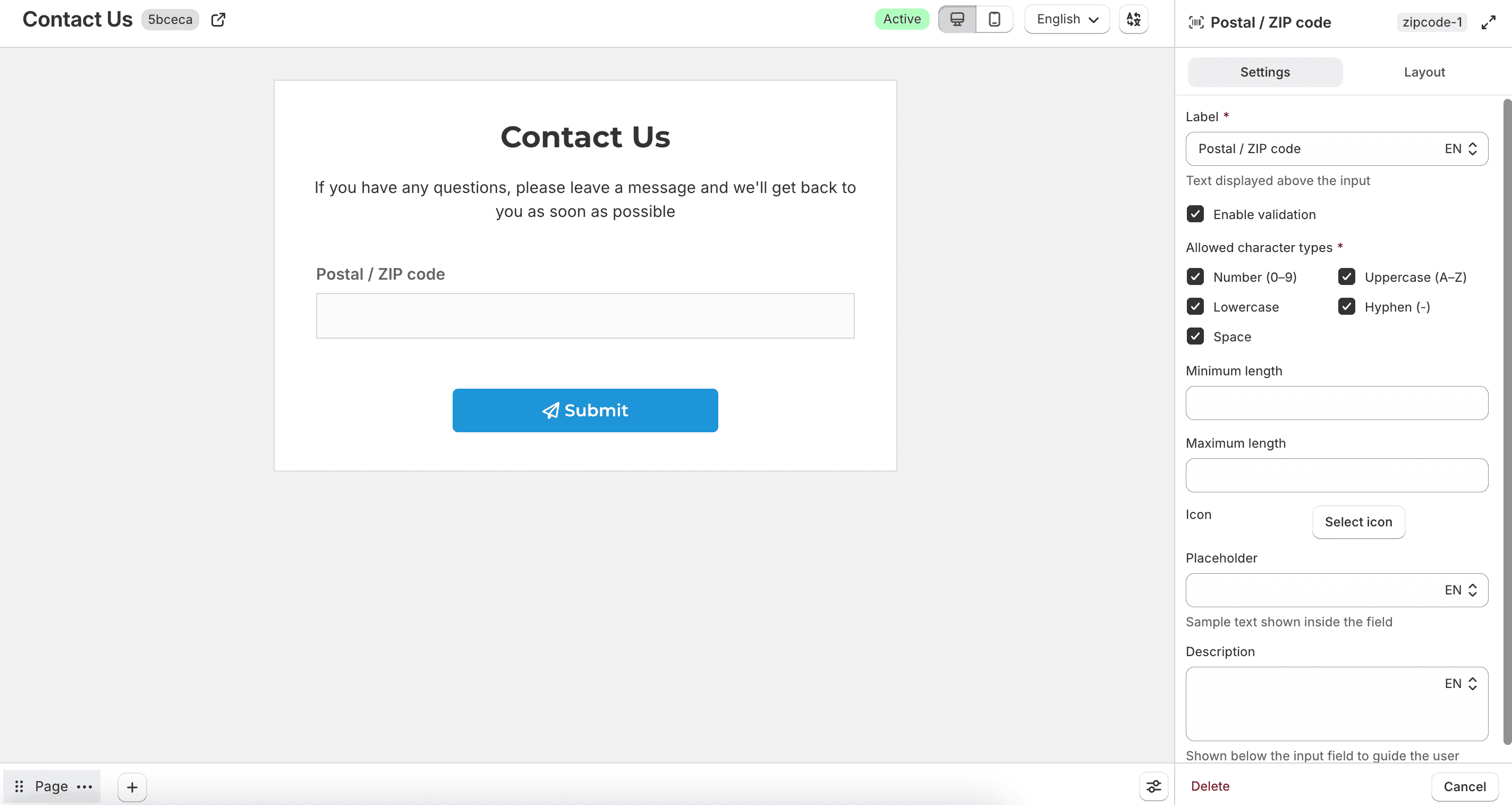 Postal or ZIP code field settings