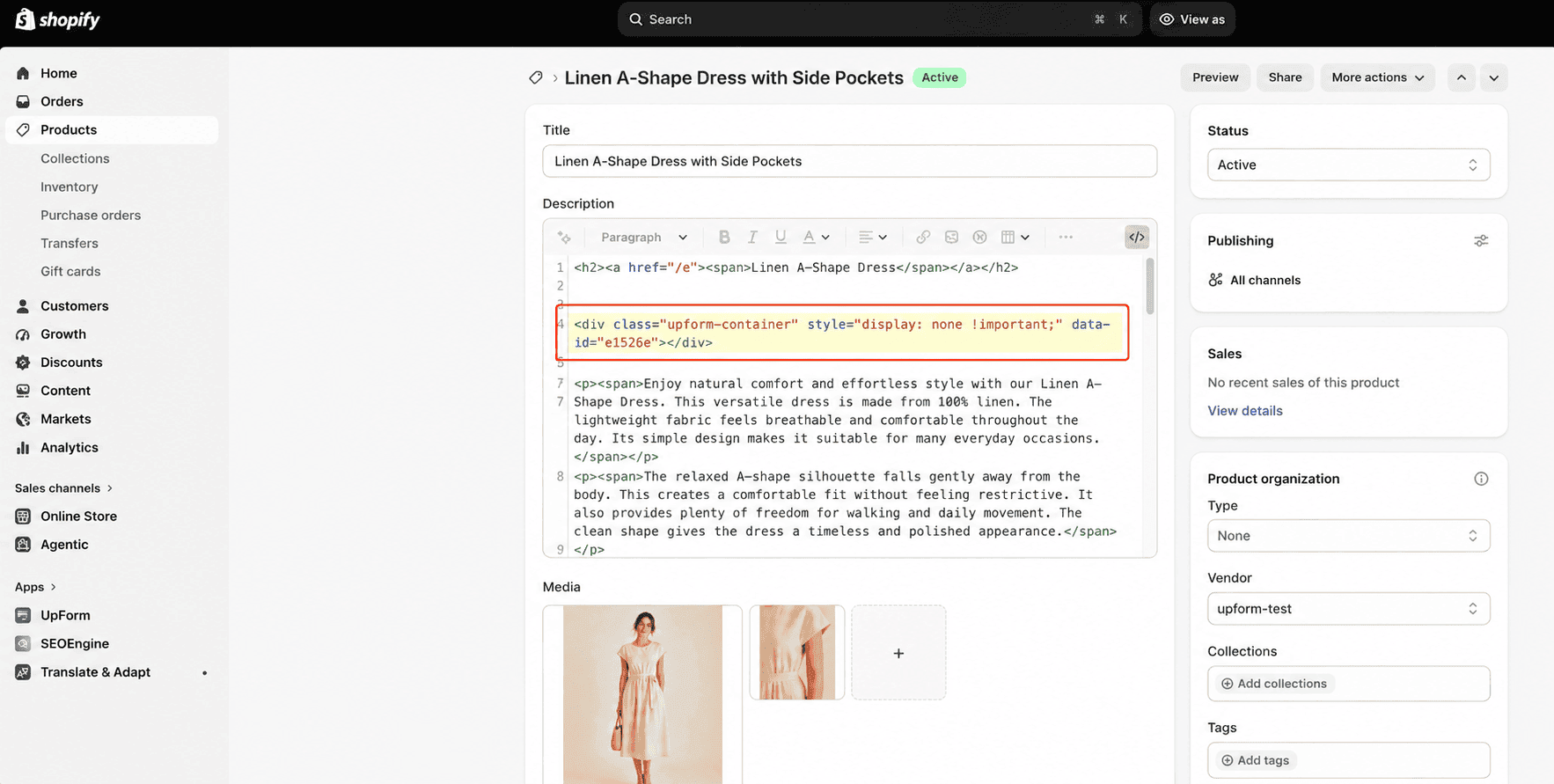 Product editor with pasted form embed