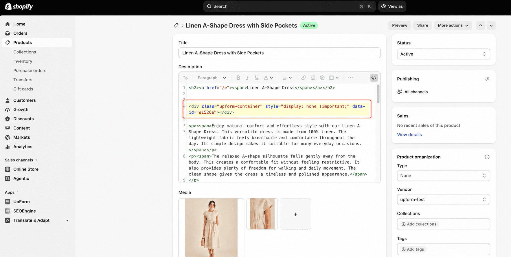 Product editor with pasted form embed