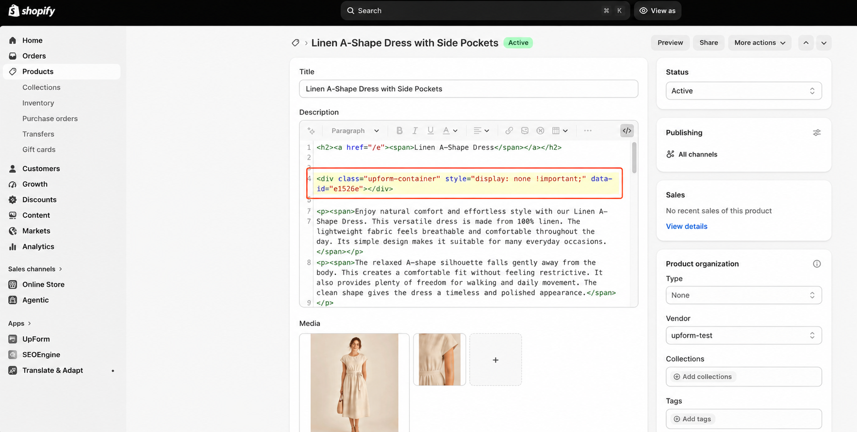 Product editor with pasted form embed