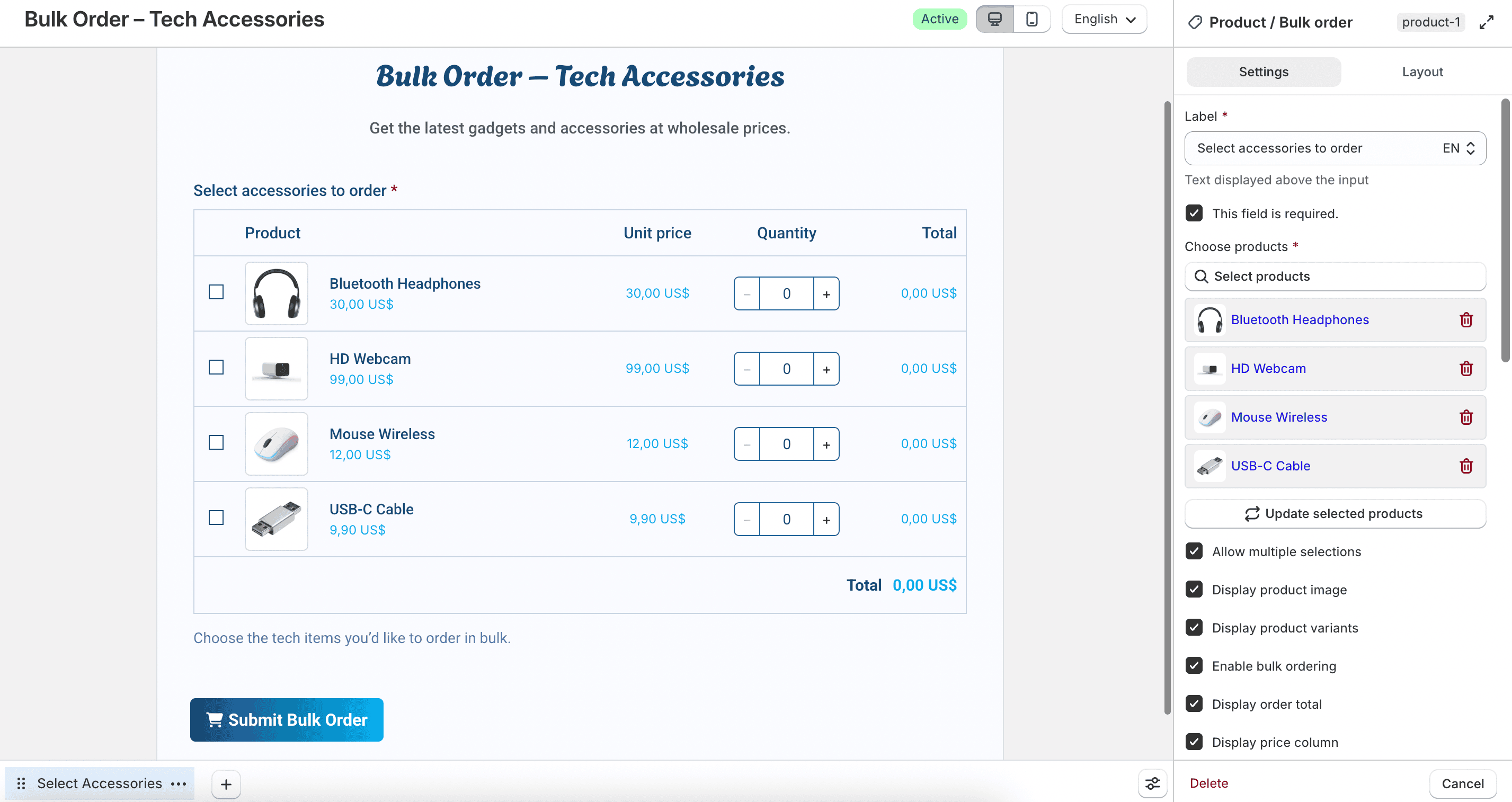 Product or bulk order field settings