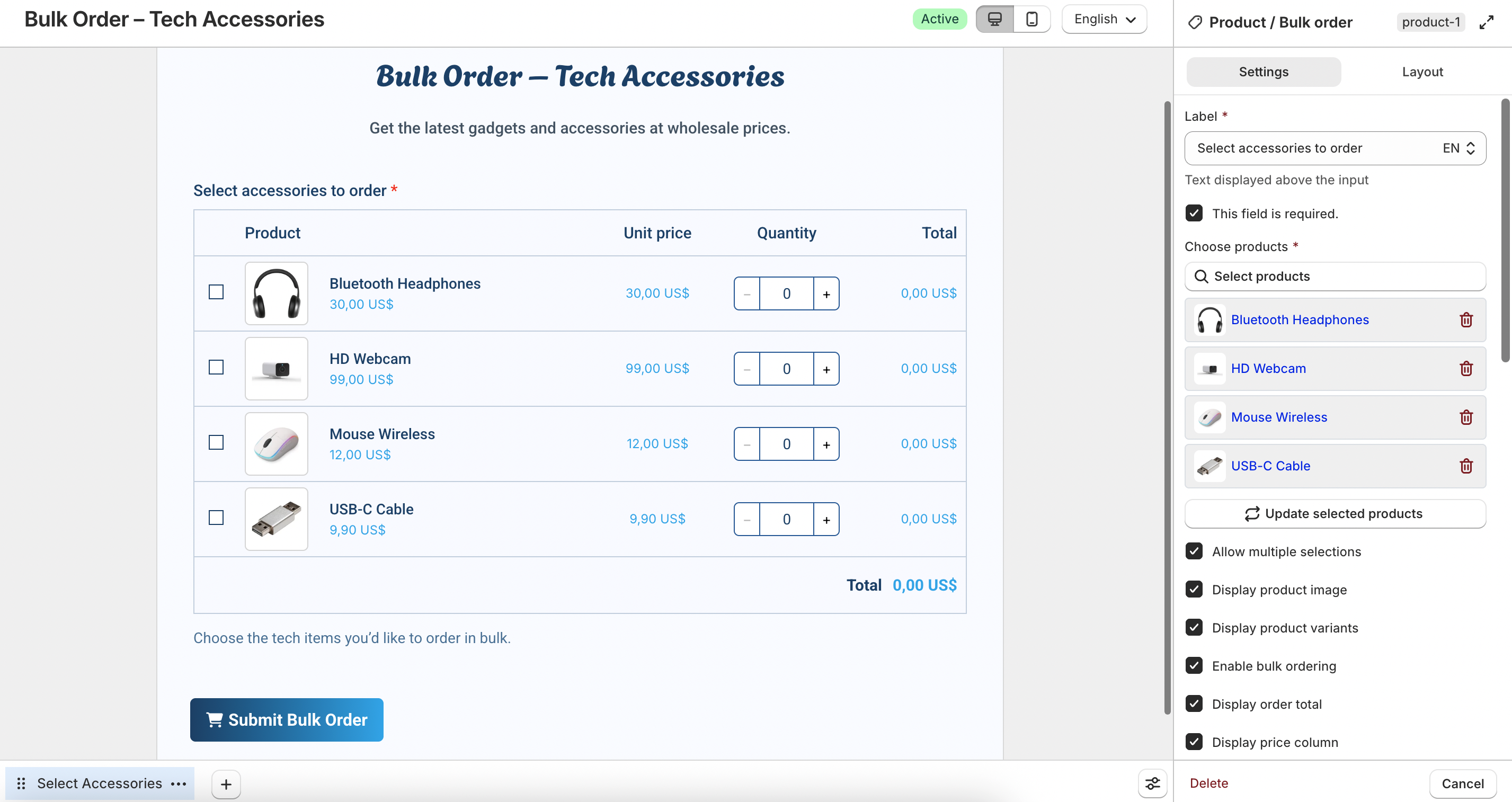 Product or bulk order field settings