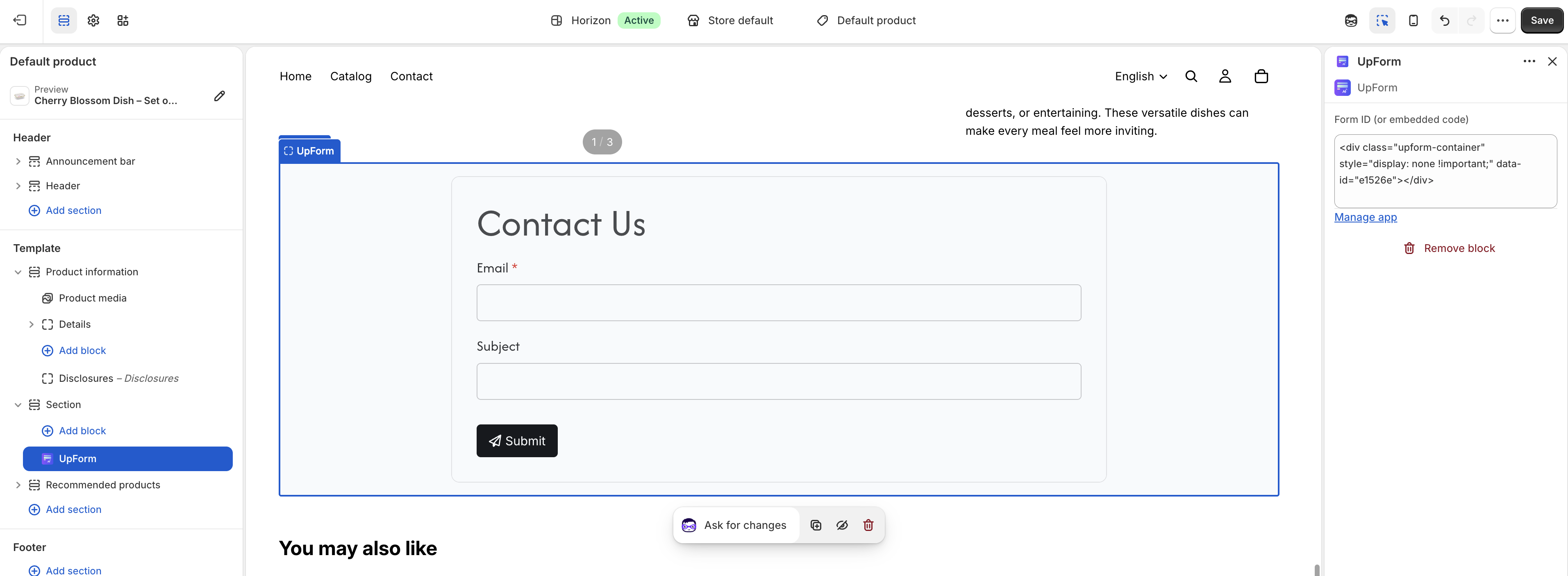 Product template UpForm section settings