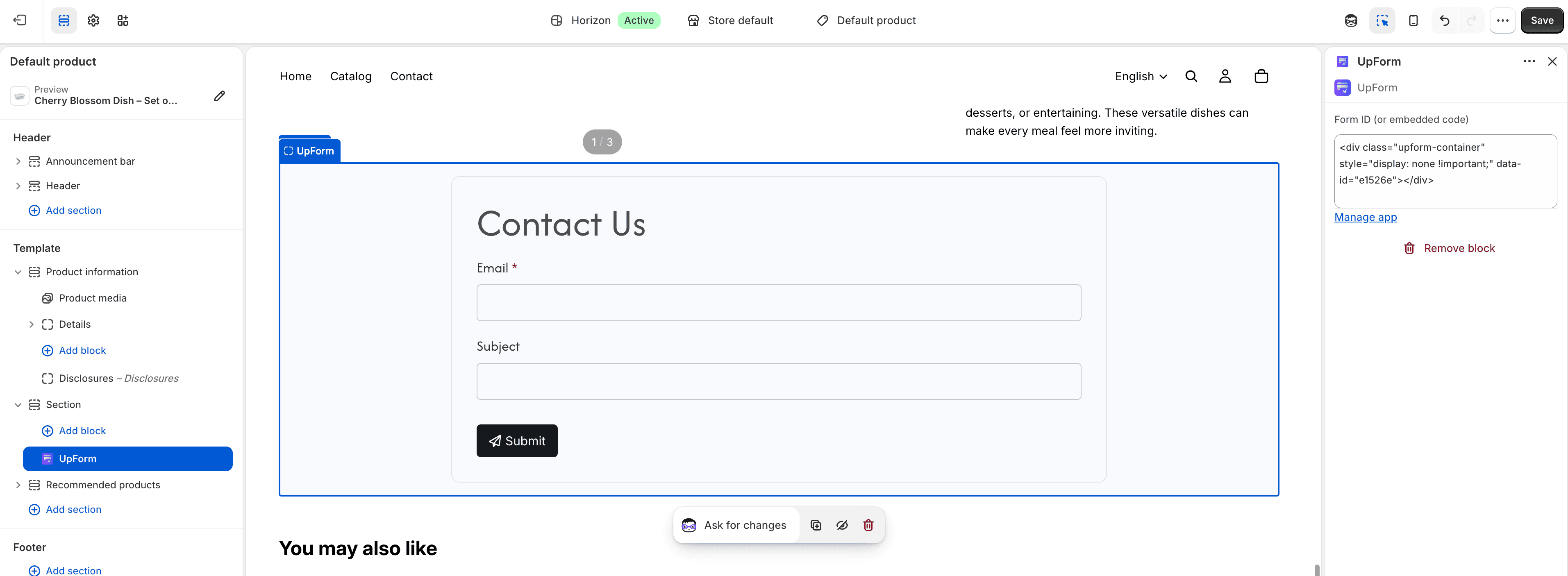 Product template UpForm section settings