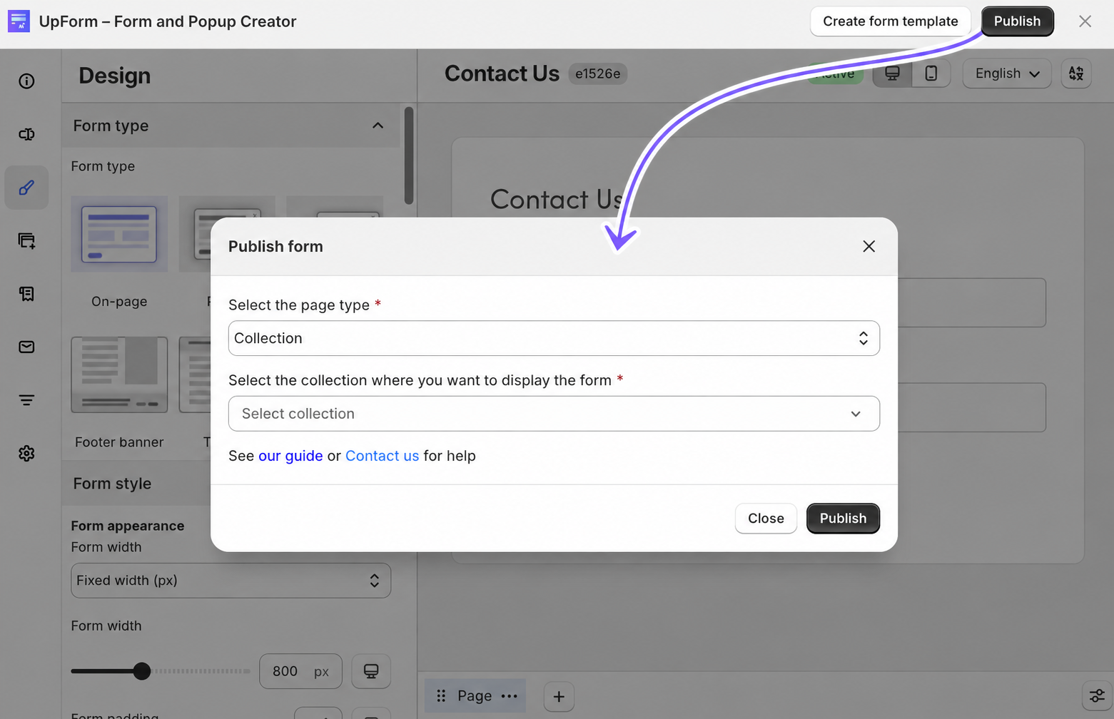 Publish form modal collection page type