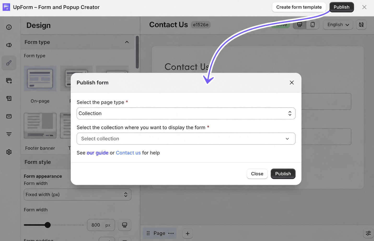 Publish form modal collection page type