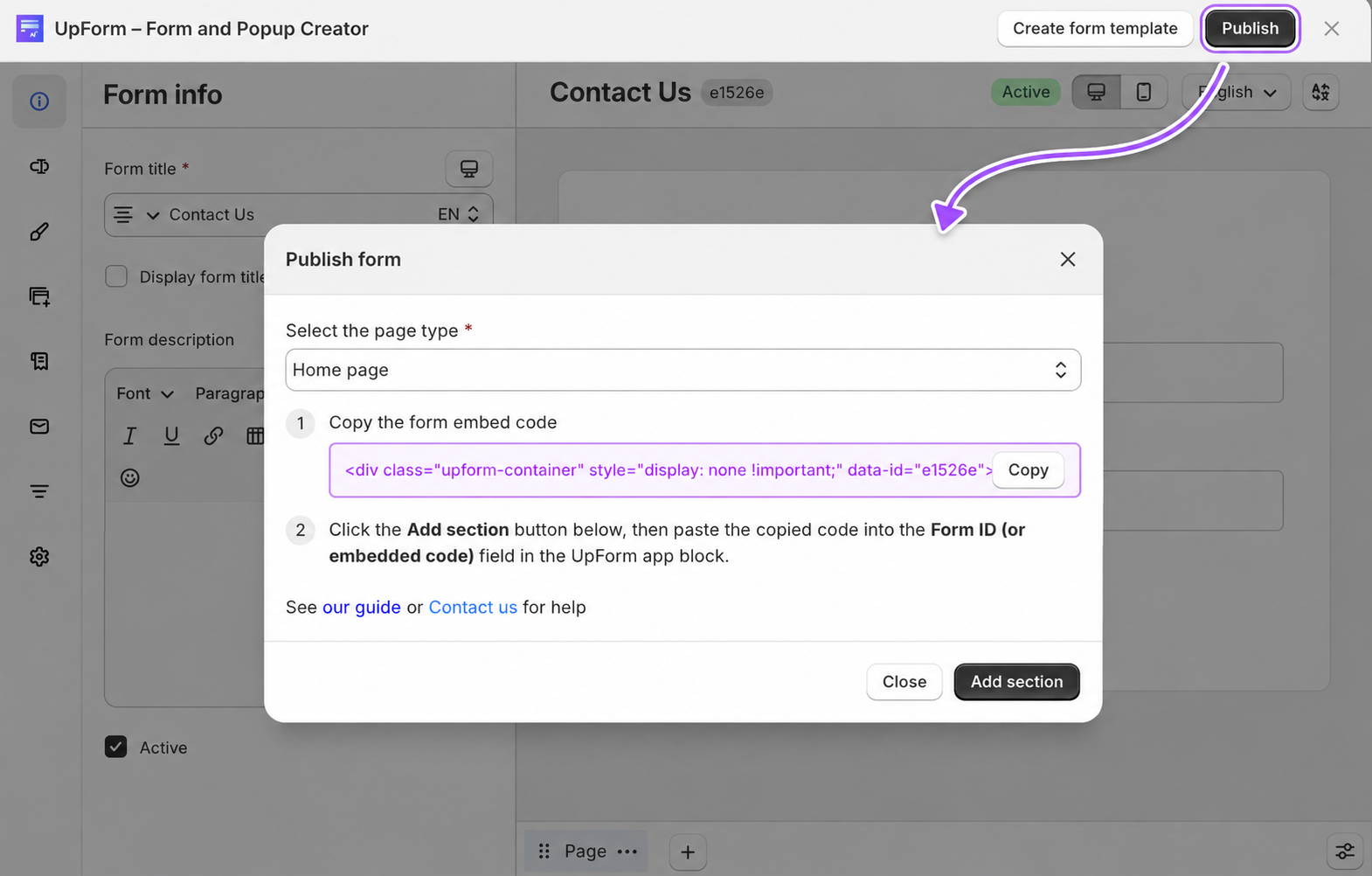 Publish form modal homepage embed code