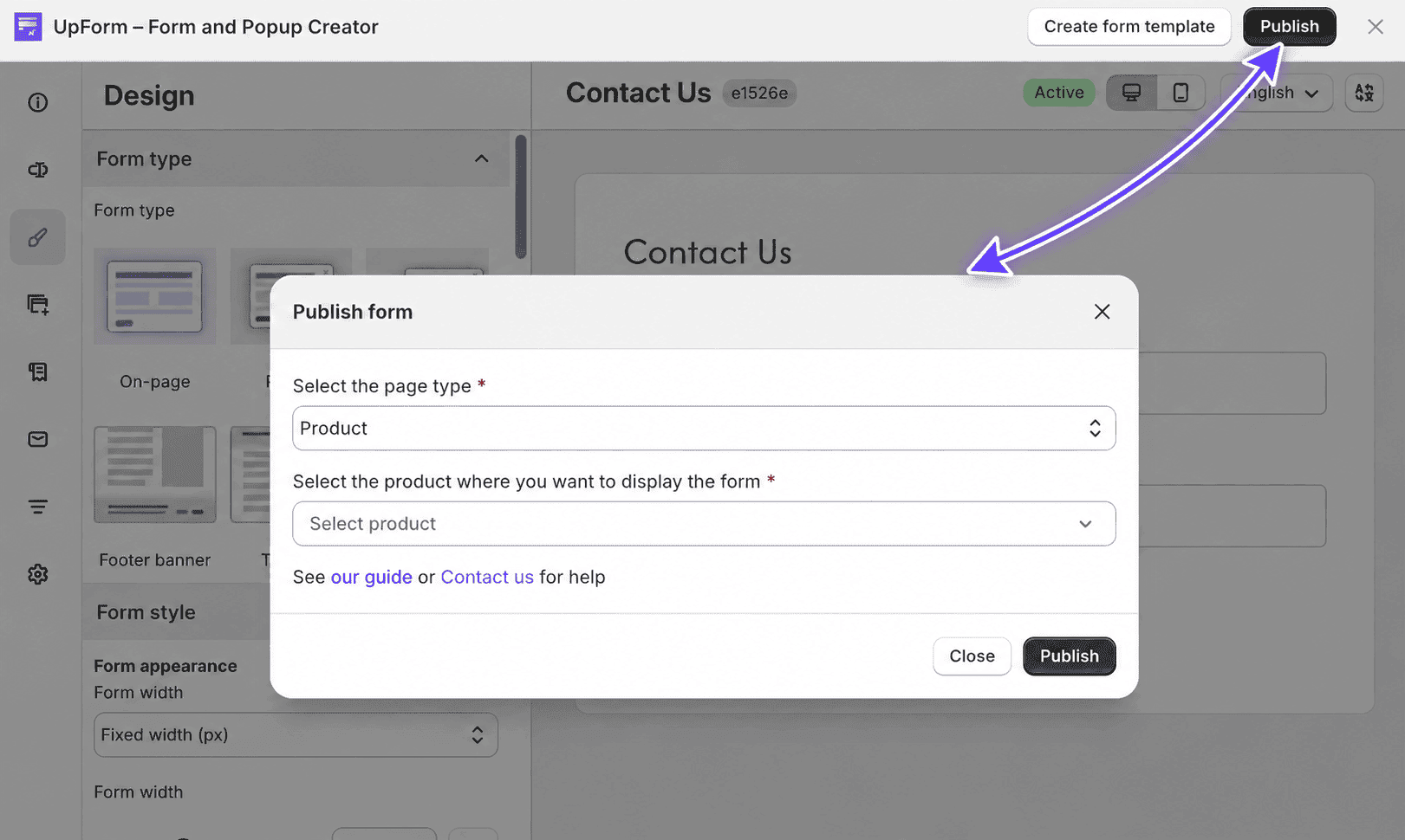 Publish form modal product page type