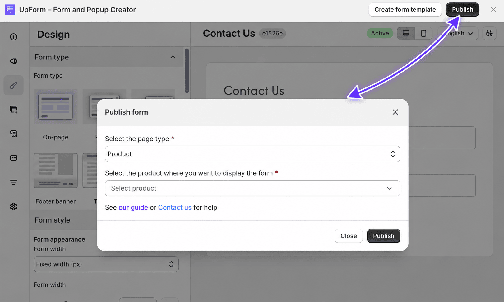 Publish form modal product page type