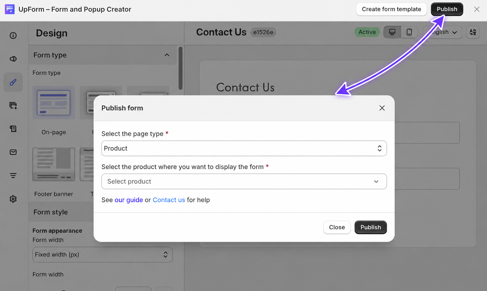 Publish form modal product page type