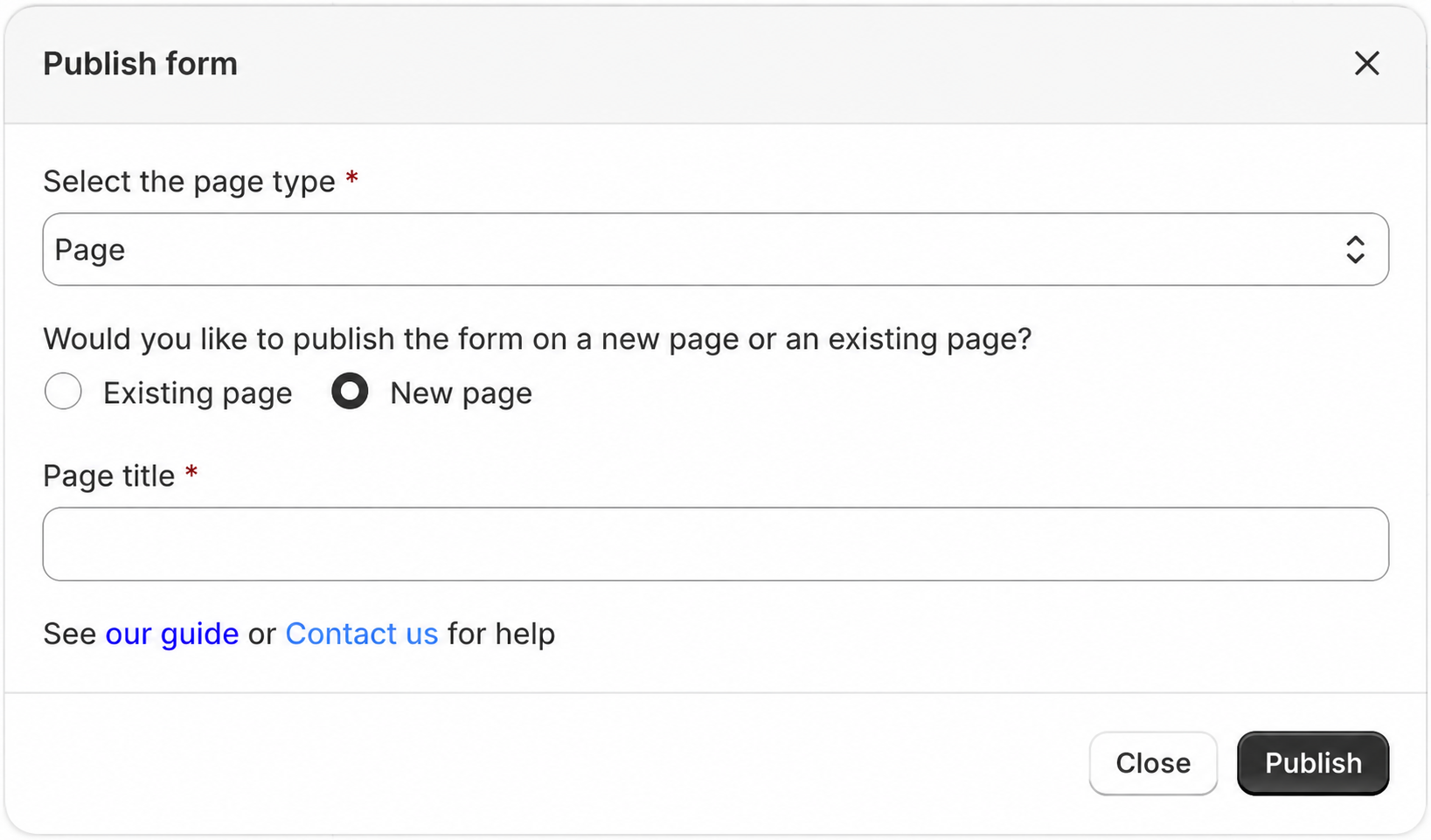 Publish form to a new page