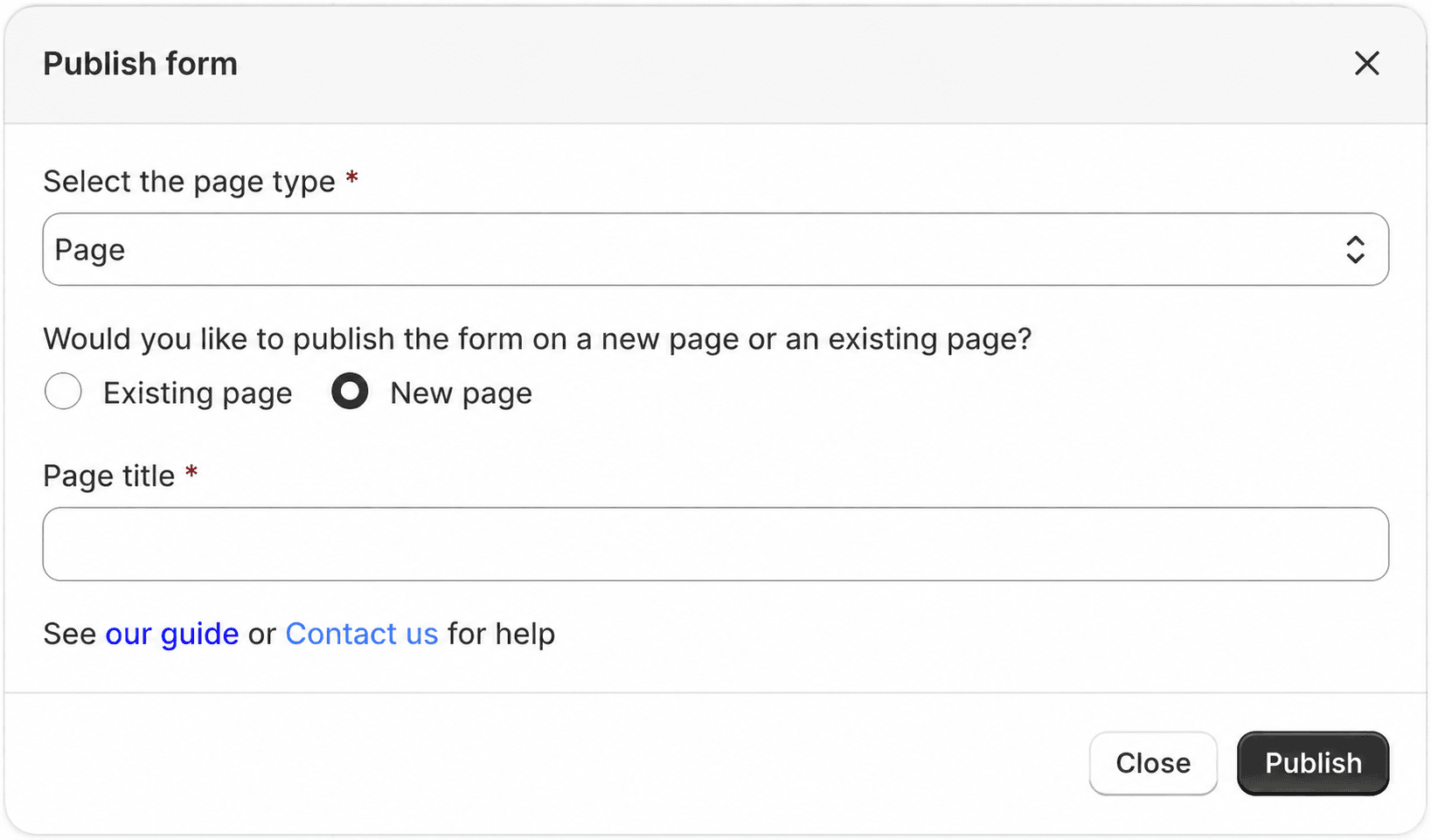 Publish form to a new page