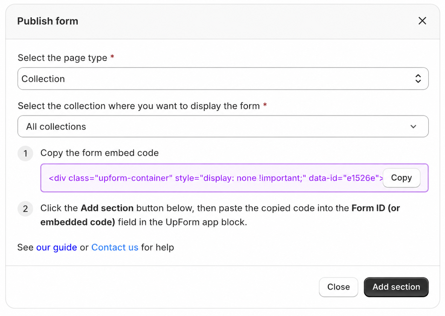 Publish form to all collections embed options