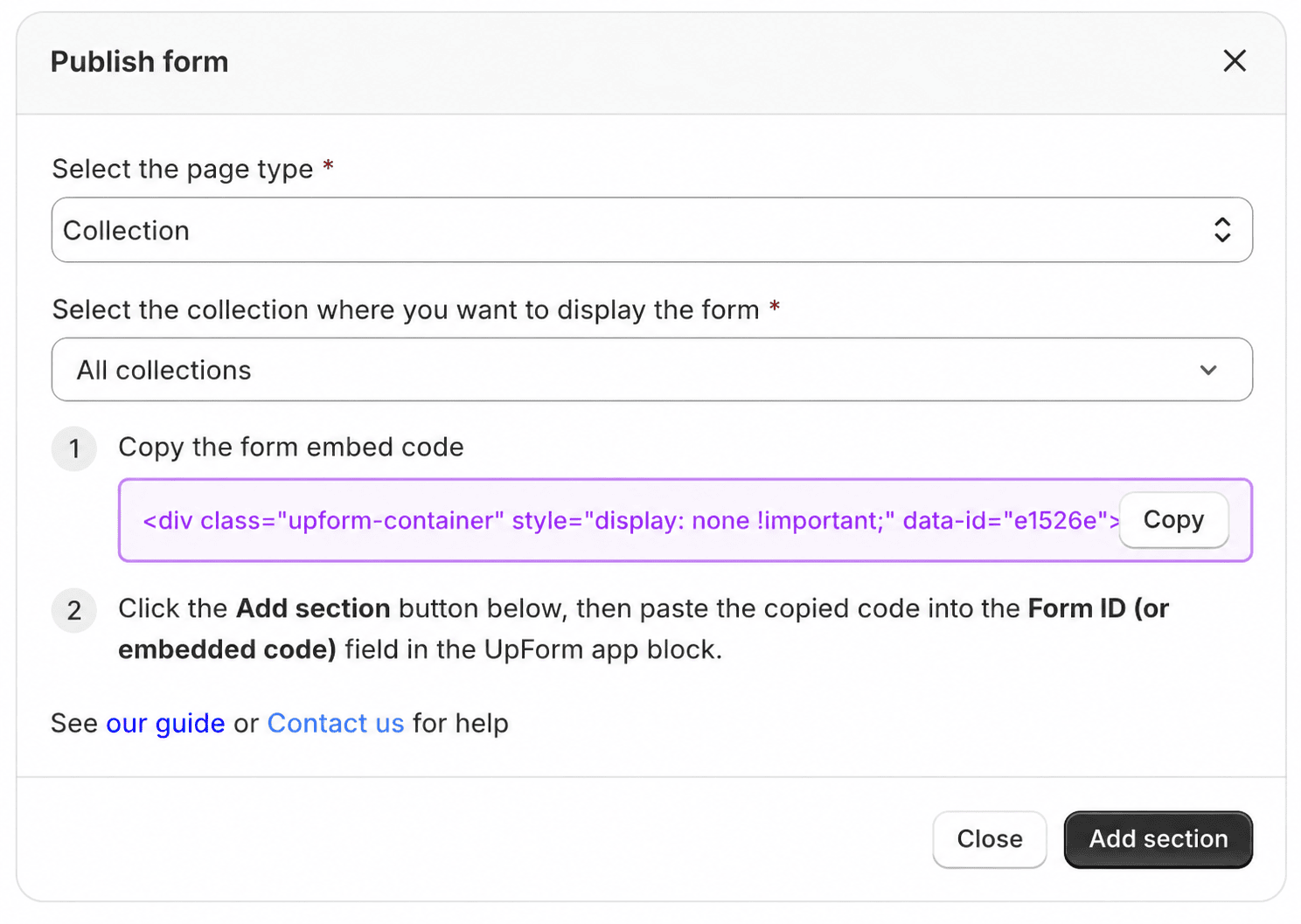 Publish form to all collections embed options