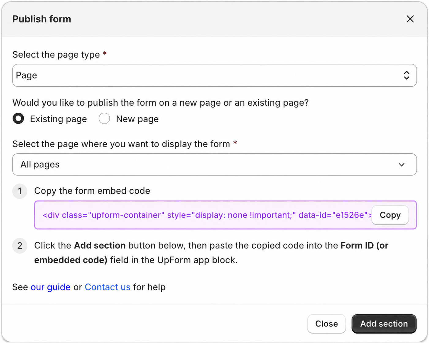 Publish form to all pages embed options