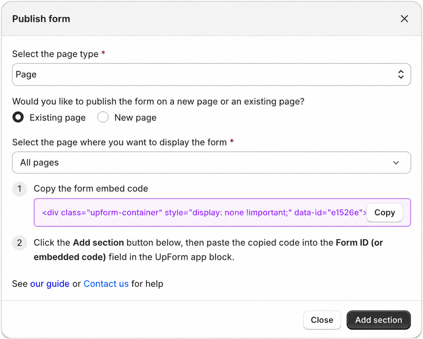 Publish form to all pages embed options