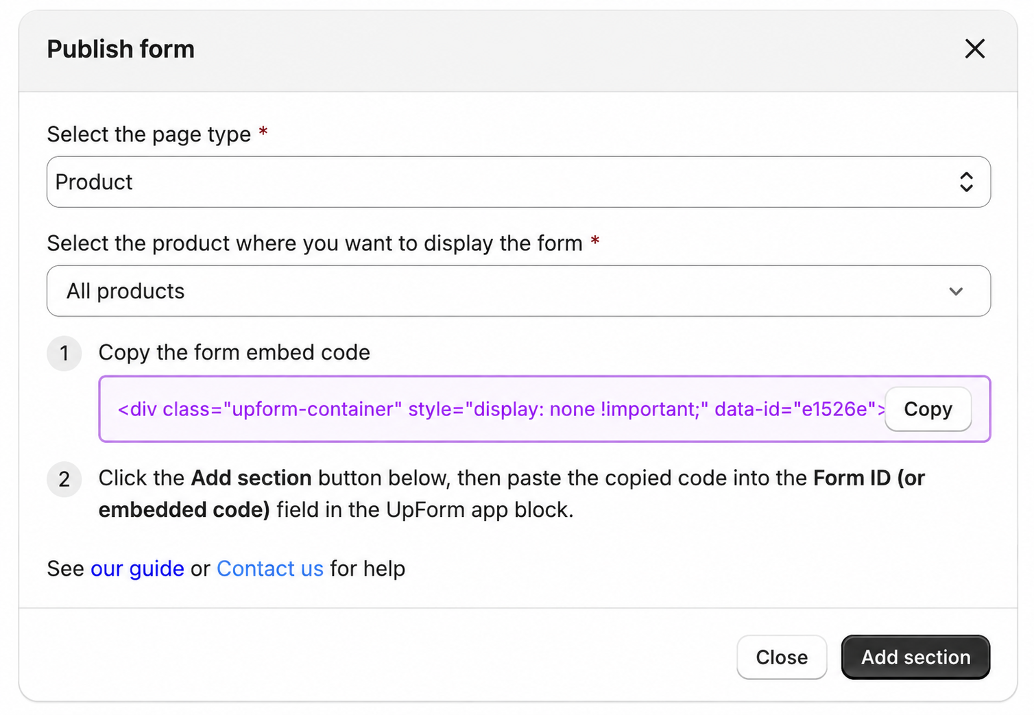 Publish form to all products embed options