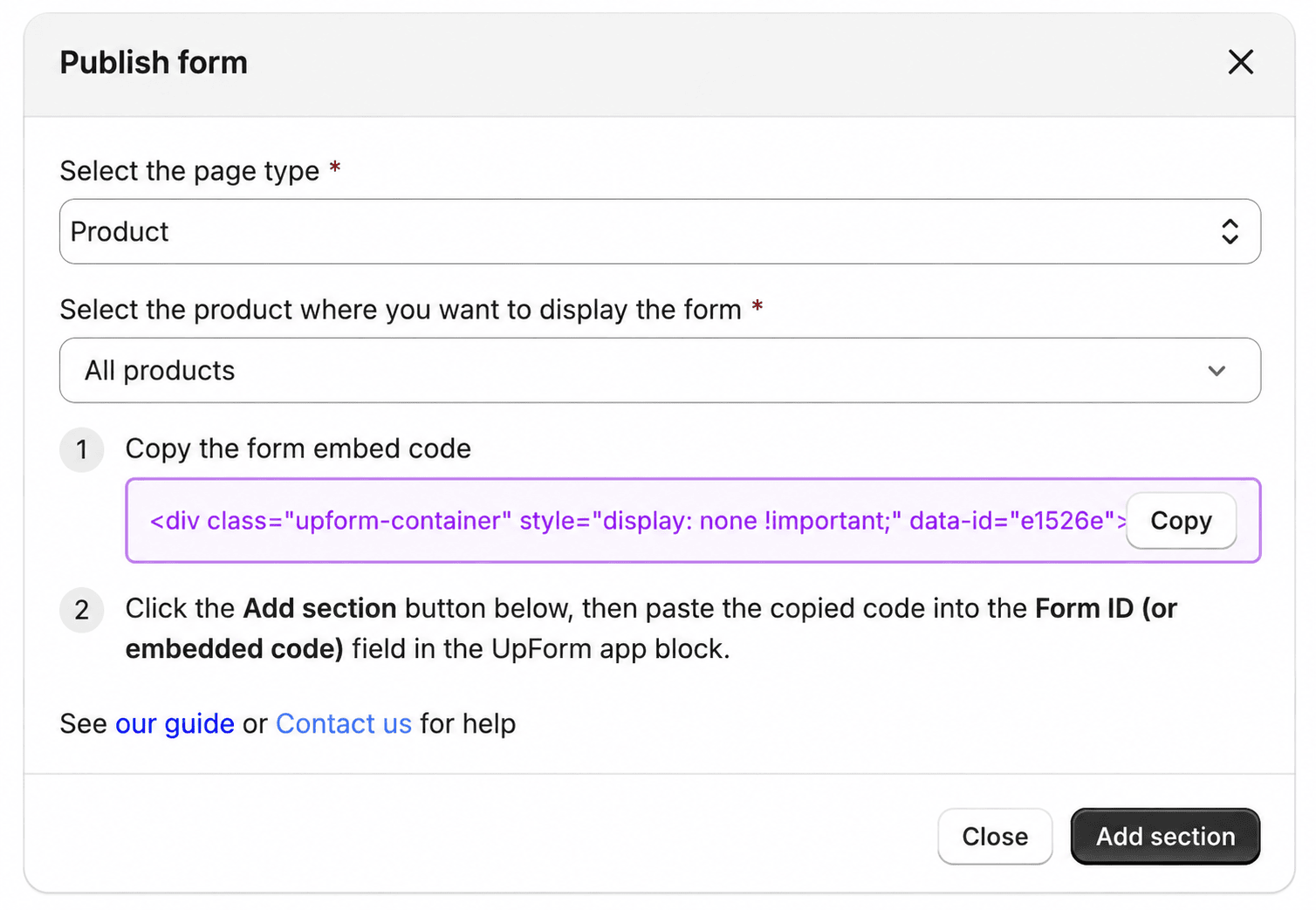 Publish form to all products embed options