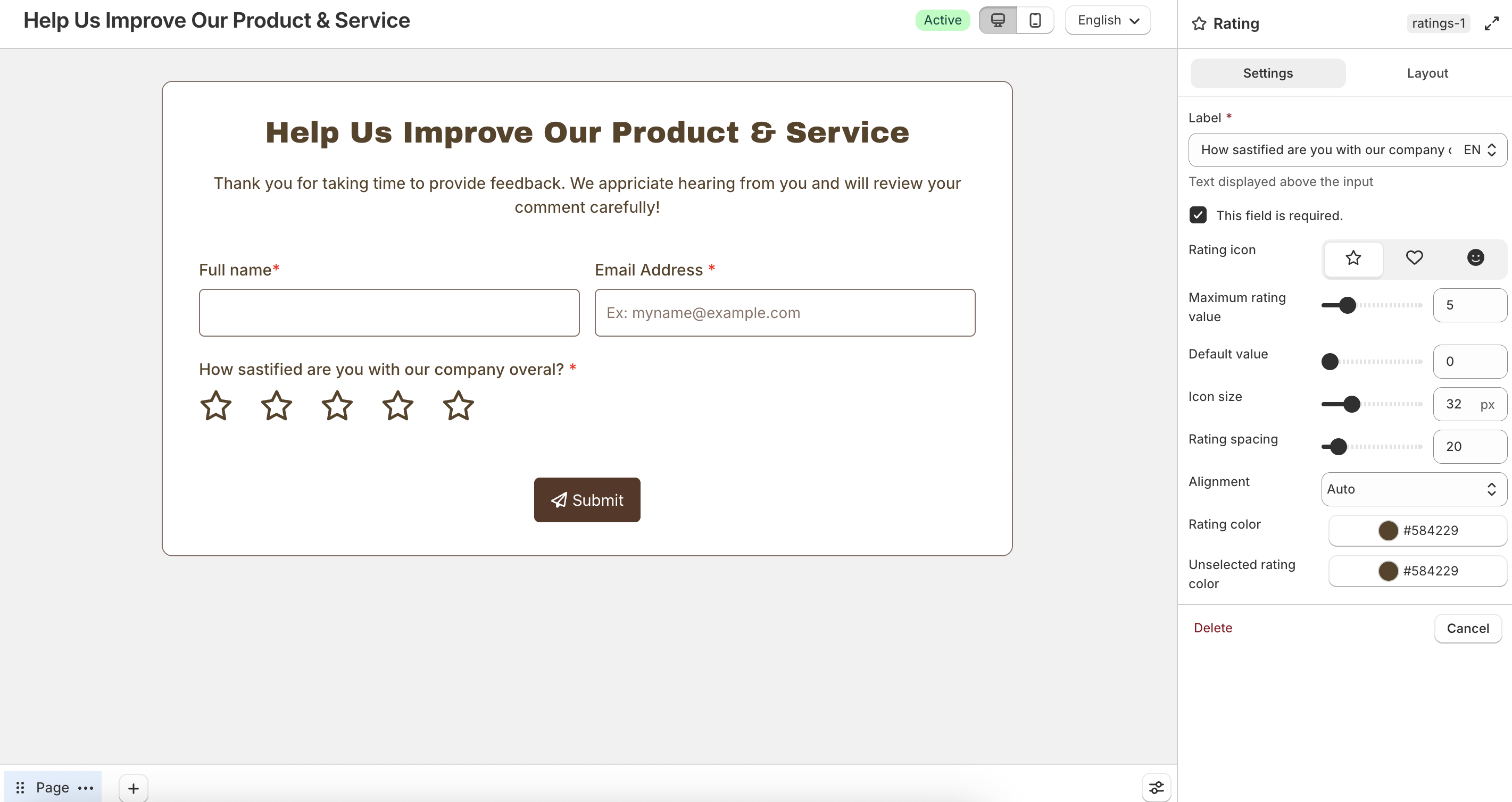 Rating field settings