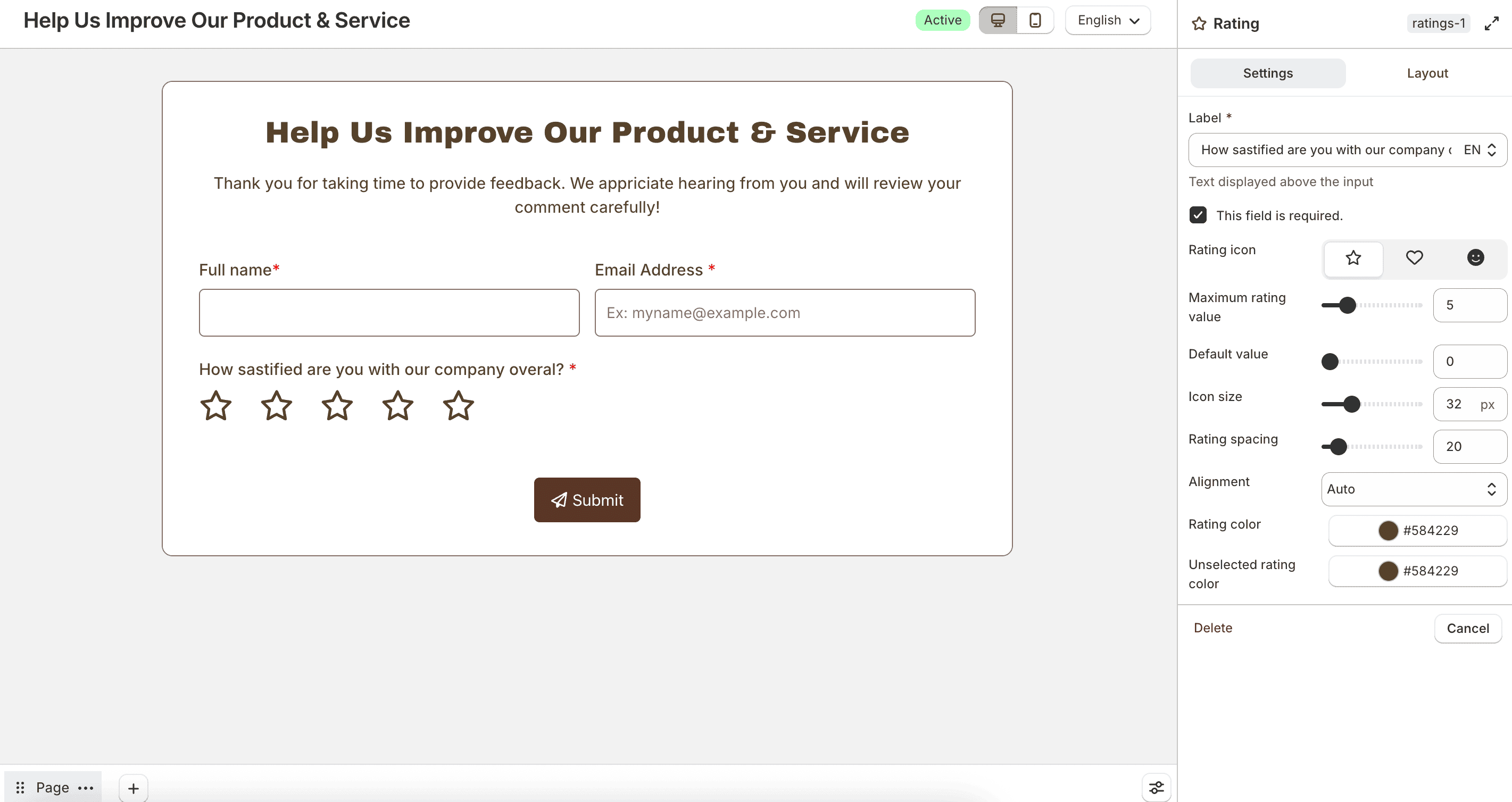 Rating field settings