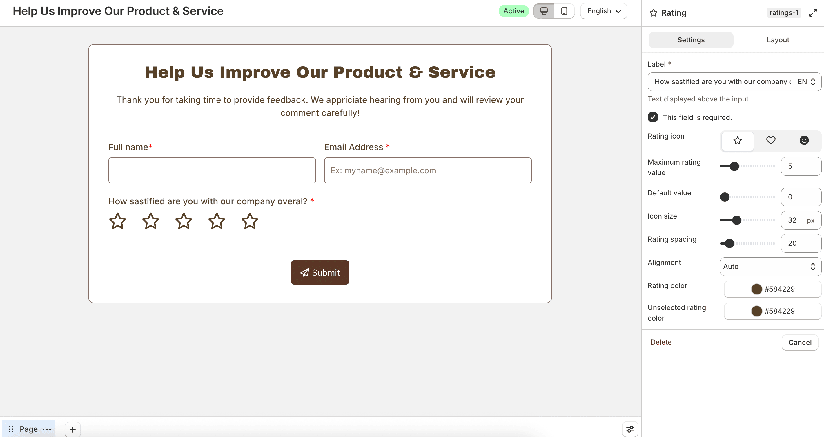 Rating field settings