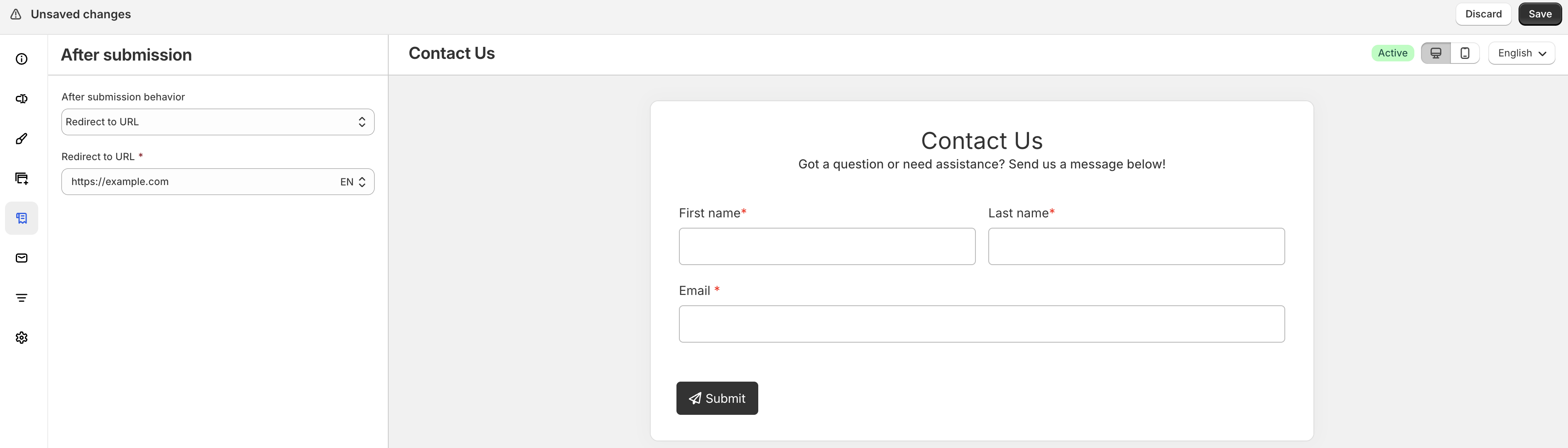 Redirect to URL after submission settings