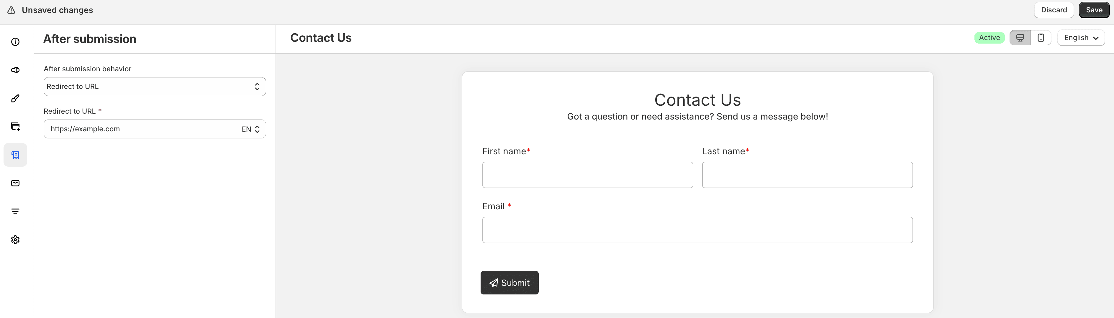 Redirect to URL after submission settings