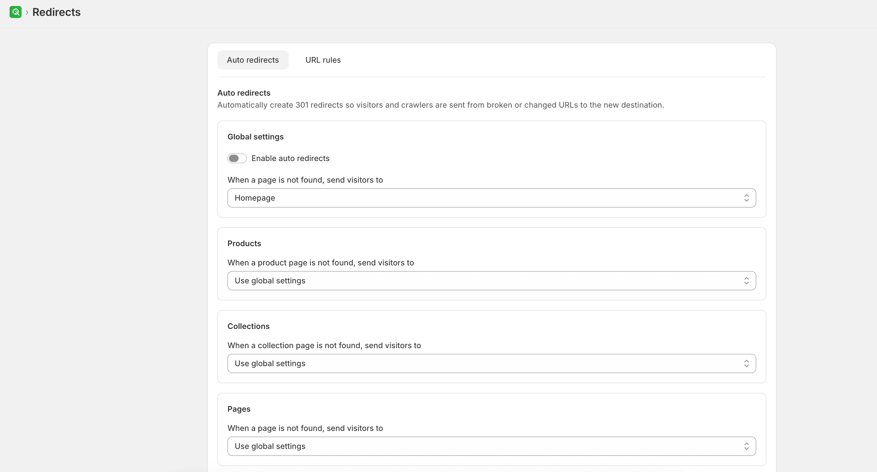 Auto redirects settings